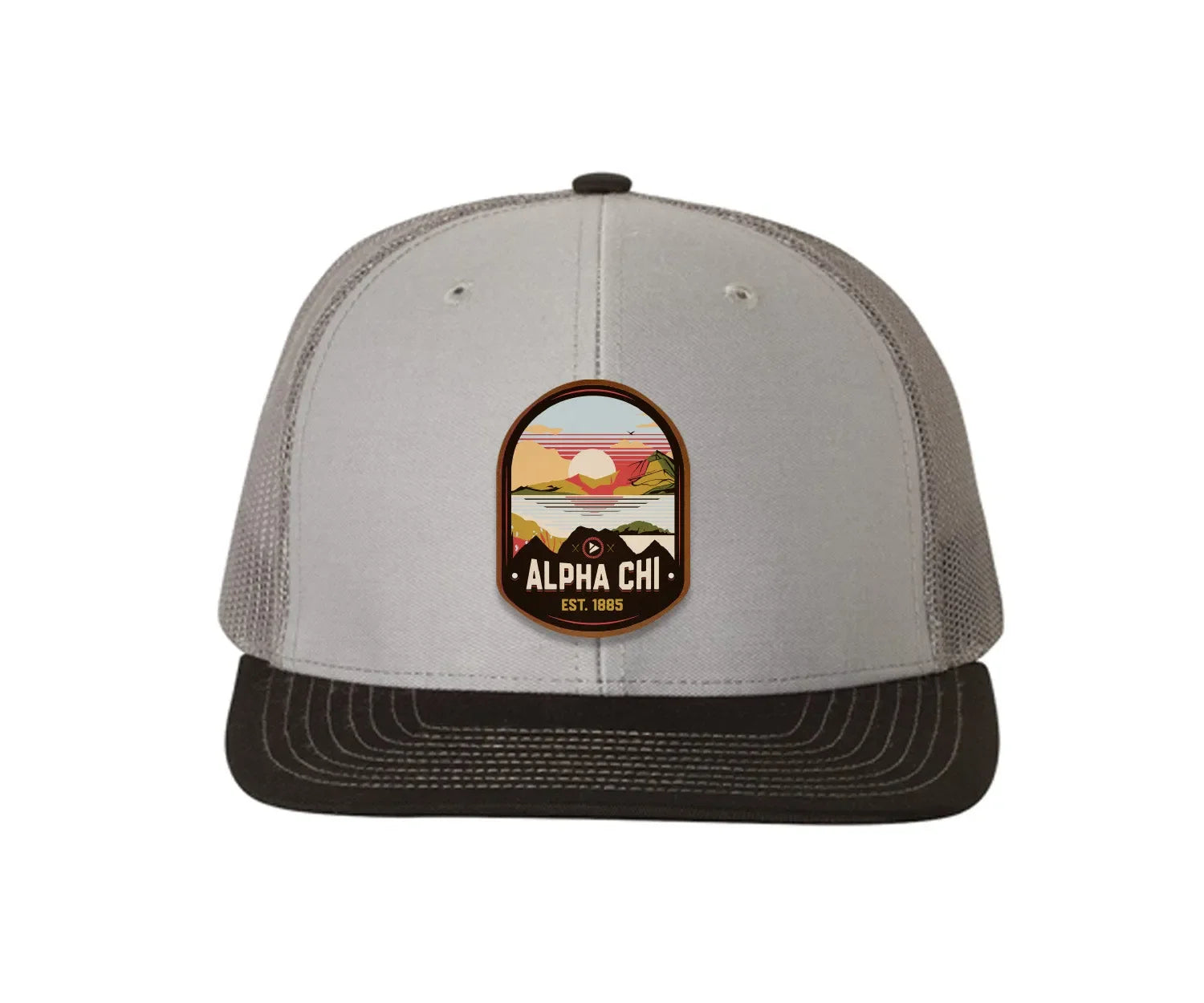 Alpha Chi Omega Richardson 112 UV Print Leatherette Patch Trucker Hat - Ventura Gray Charcoal Black Trucker Hat