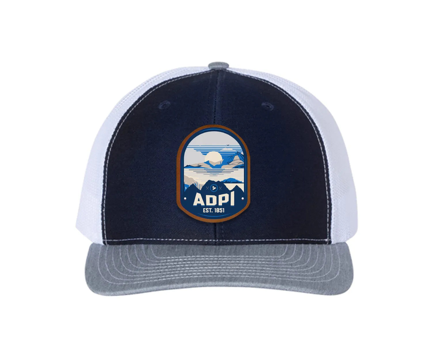 Alpha Delta Pi Richardson 112 UV Print Leatherette Patch Trucker Hat - Ventura Navy White Heather Gray Trucker Hat