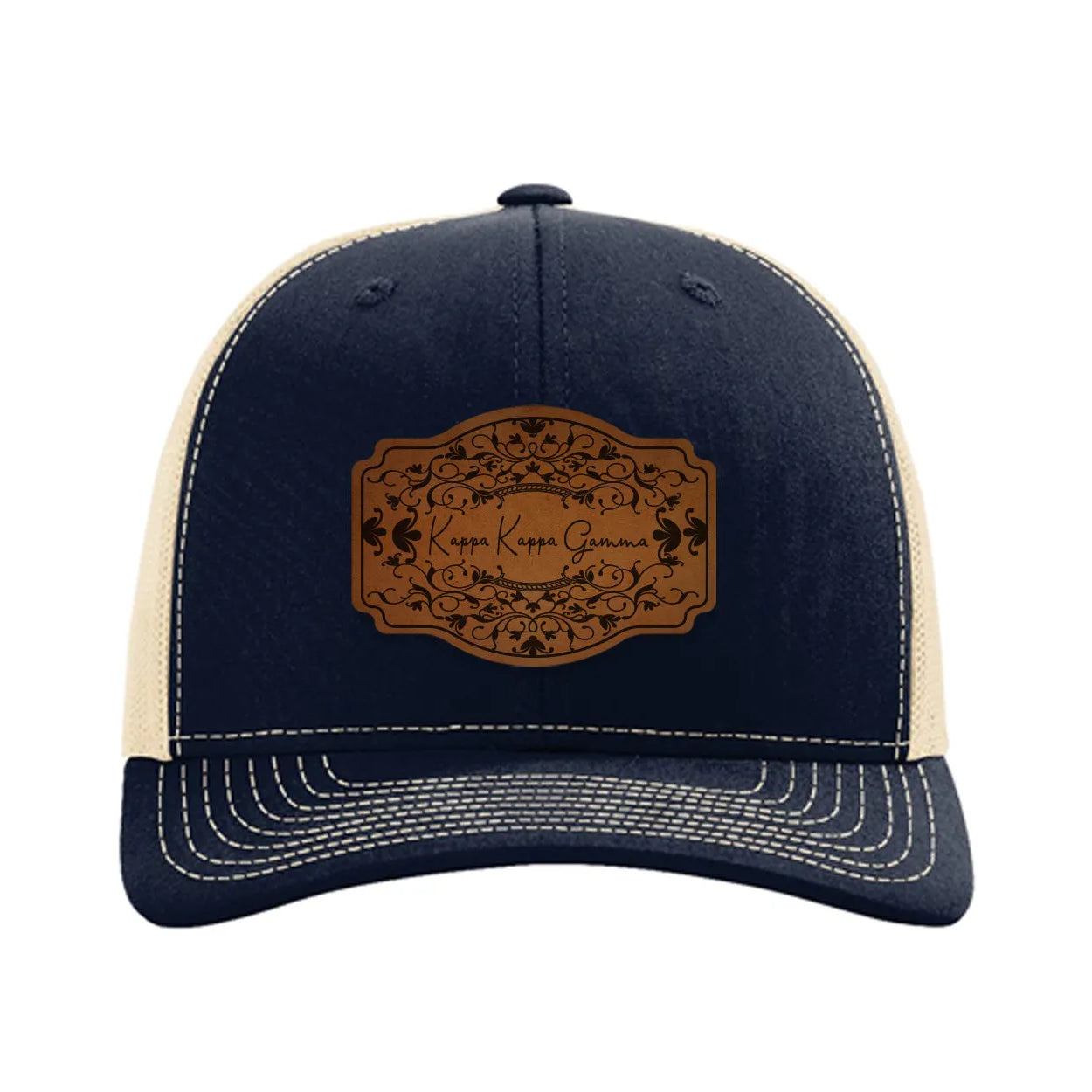 Kappa Kappa Gamma Richardson 112 Leatherette Patch Trucker Hat - Scroll Navy Khaki Trucker Hat