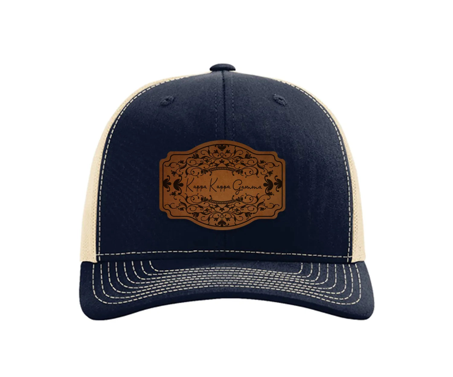 Kappa Kappa Gamma Richardson 112 Leatherette Patch Trucker Hat - Scroll Navy Khaki Trucker Hat