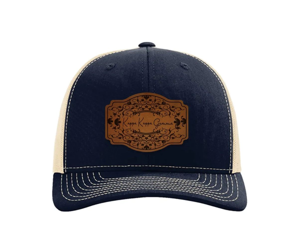 Kappa Kappa Gamma Richardson 112 Leatherette Patch Trucker Hat - Scroll Navy Khaki Trucker Hat