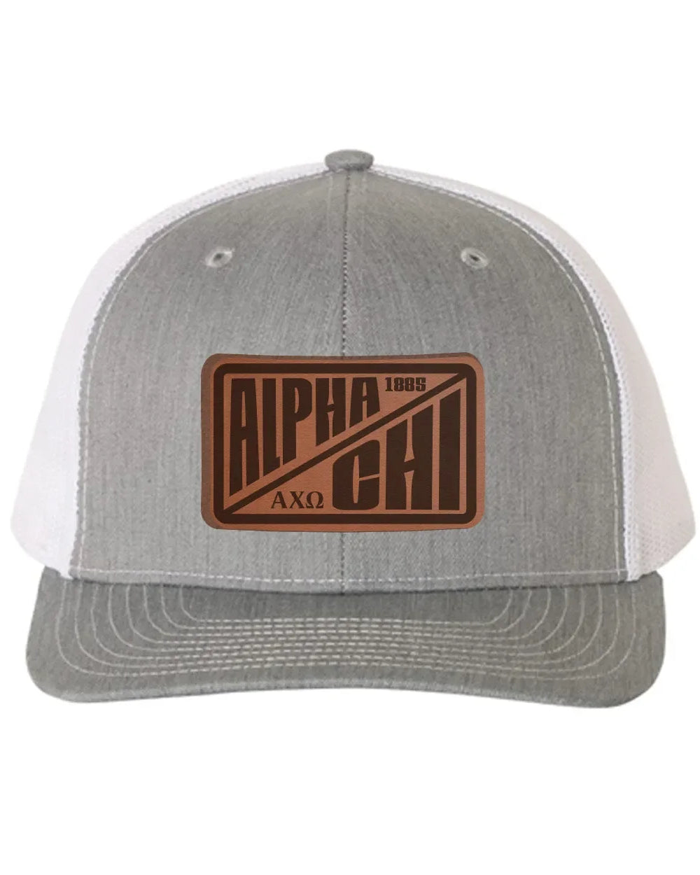 Alpha Chi Omega Richardson 112 Leatherette Patch Trucker Hat - Divide Heather Gray White Trucker Hat