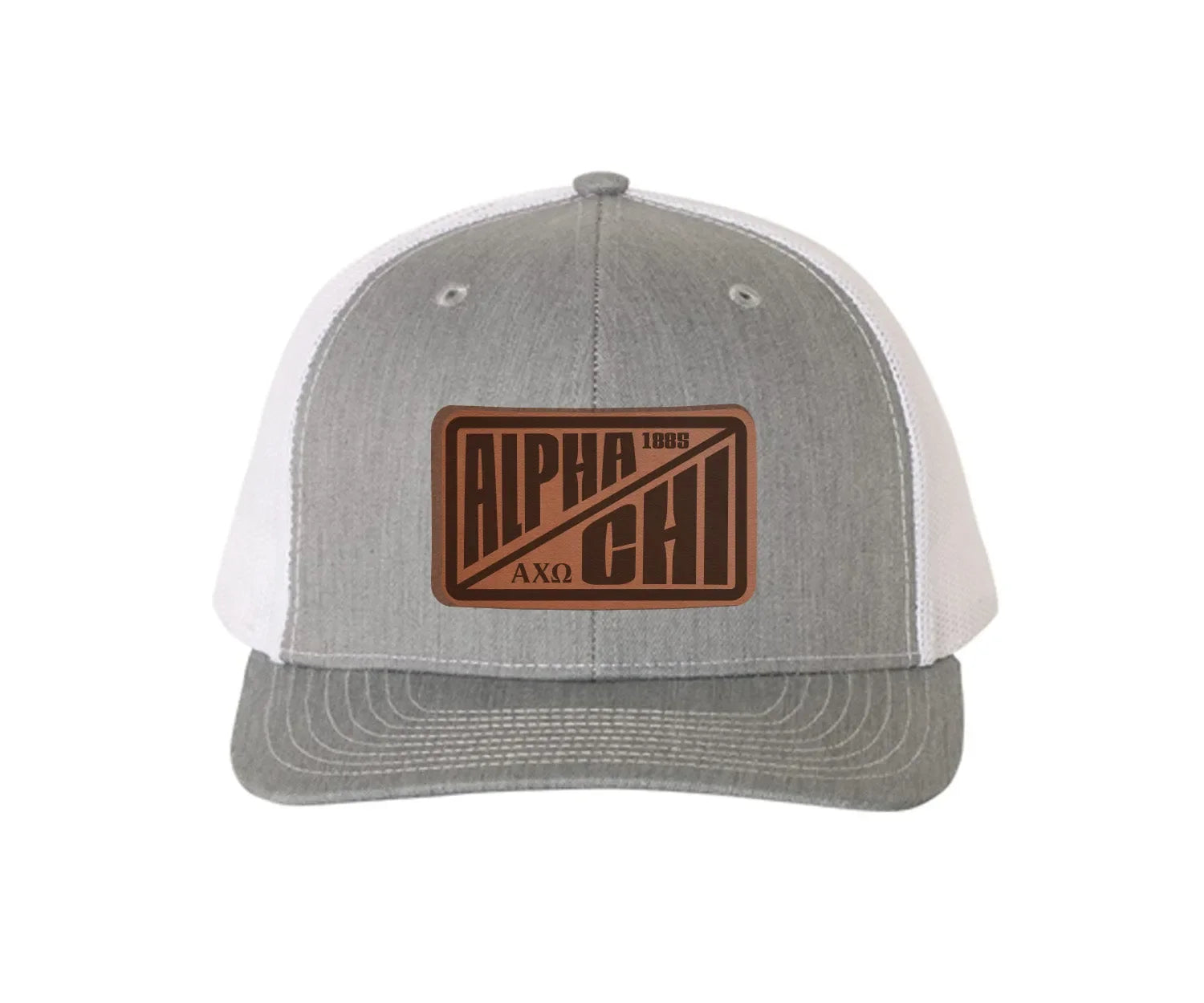 Alpha Chi Omega Richardson 112 Leatherette Patch Trucker Hat - Divide Heather Gray White Trucker Hat