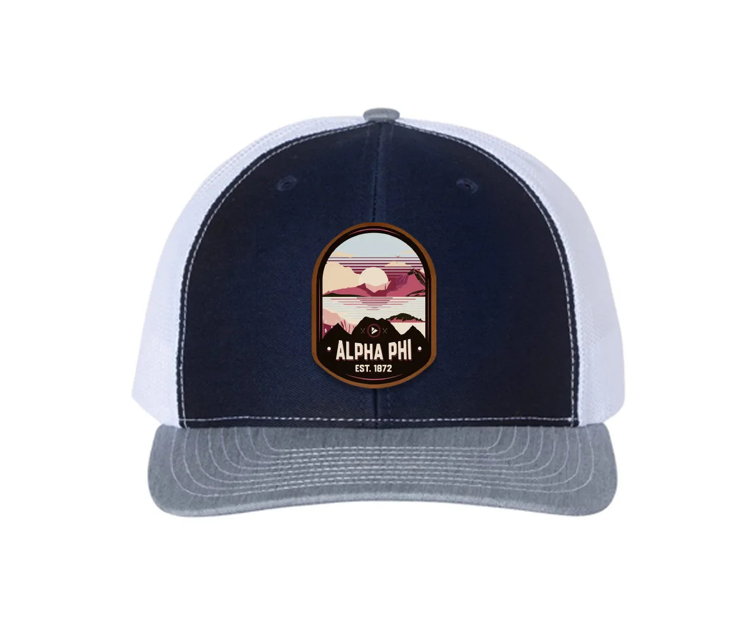 Alpha Phi Richardson 112 UV Print Leatherette Patch Trucker Hat - Ventura Navy White Heather Cray Trucker Hat