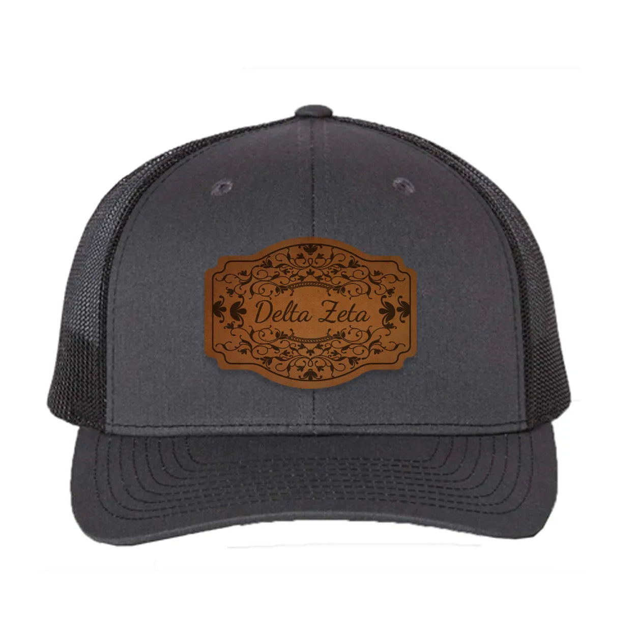 Delta Zeta Richardson 112 Leatherette Patch Trucker Hat - Scroll Charcoal Black Trucker Hat
