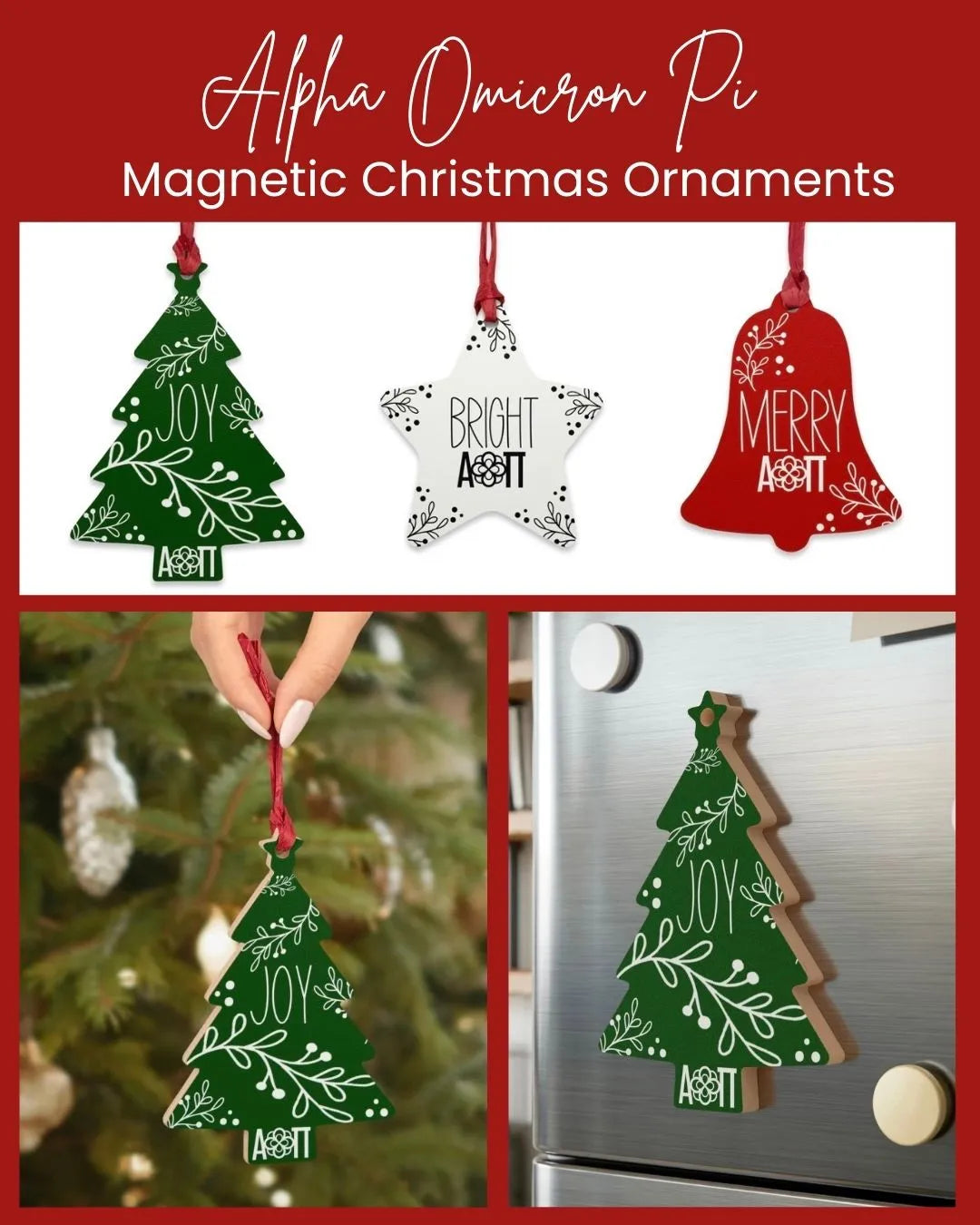 Alpha Omicron Pi Wood Christmas Ornaments / Magnets (Set of 3) Holiday Ornaments