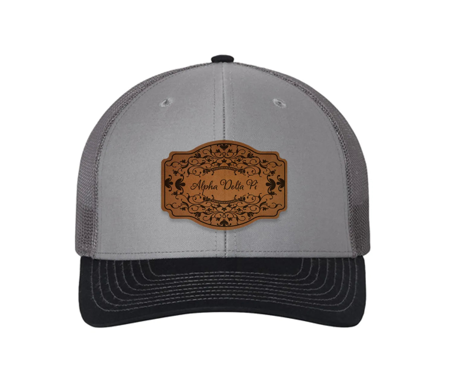 Alpha Delta Pi Richardson 112 Leatherette Patch Trucker Hat - Scroll Gray Charcoal Navy Trucker Hat