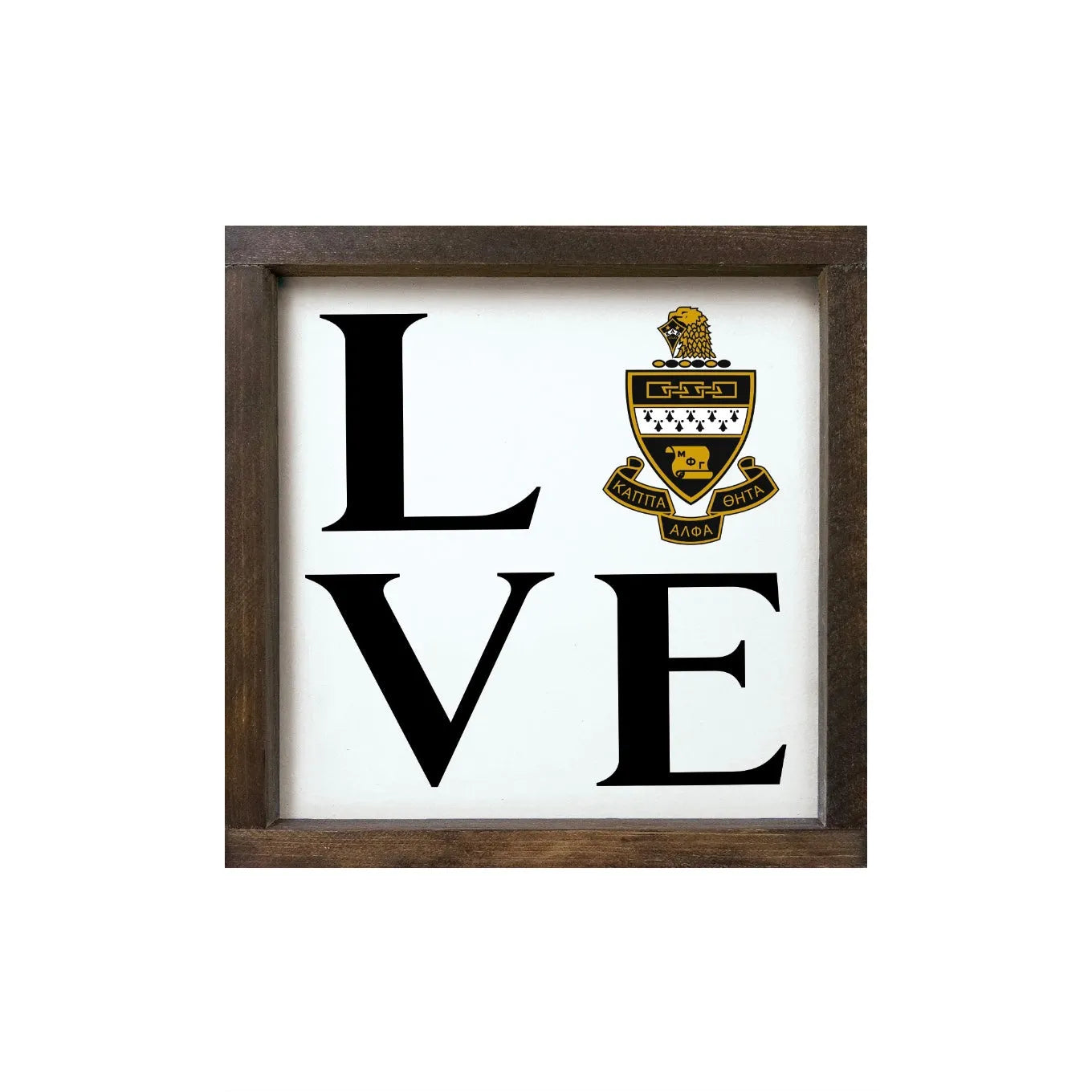 Kappa Alpha Theta 12x12 Wood Framed Sign - LOVE Coat of Arms Walnut Stain Wall Art & Signs