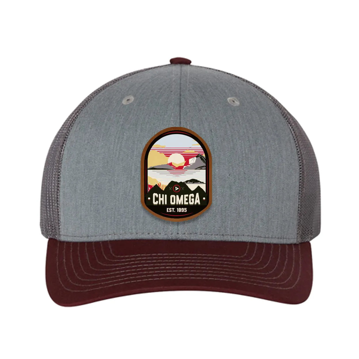 Chi Omega Richardson 112 UV Print Leatherette Patch Trucker Hat - Ventura Heather Gray Charcoal Maroon Trucker Hat