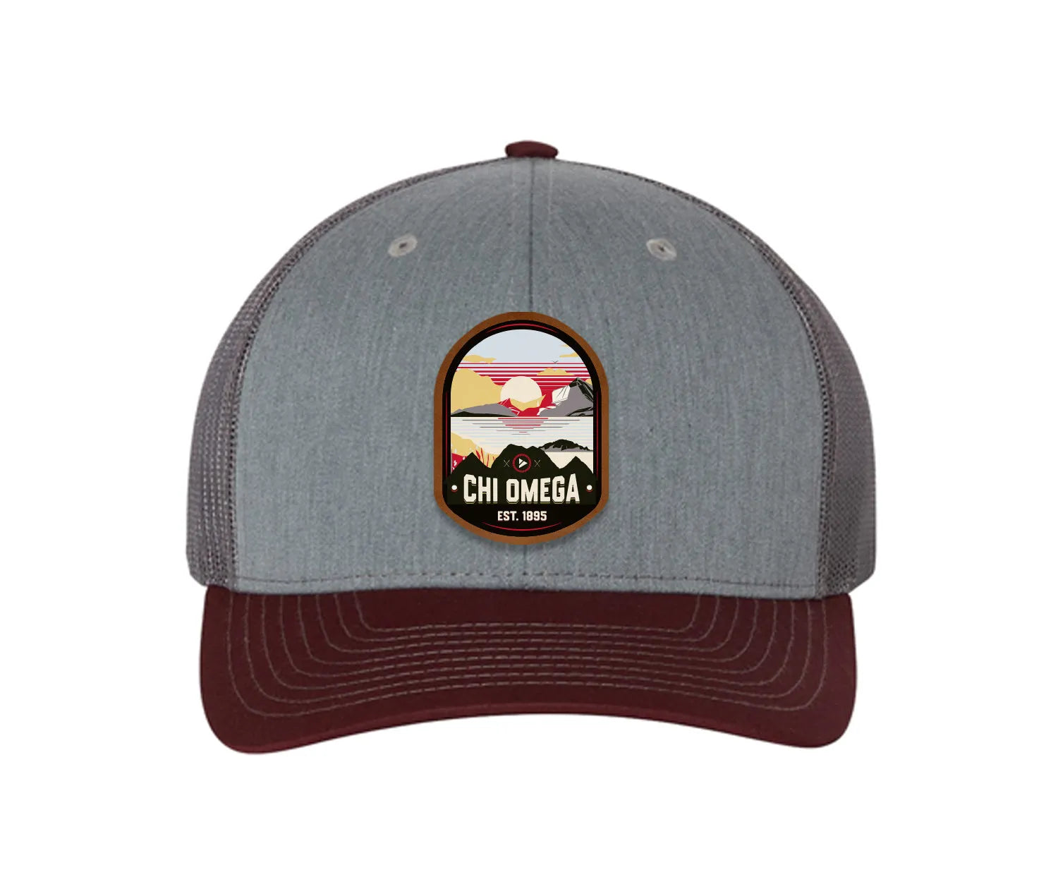 Chi Omega Richardson 112 UV Print Leatherette Patch Trucker Hat - Ventura Heather Gray Charcoal Maroon Trucker Hat