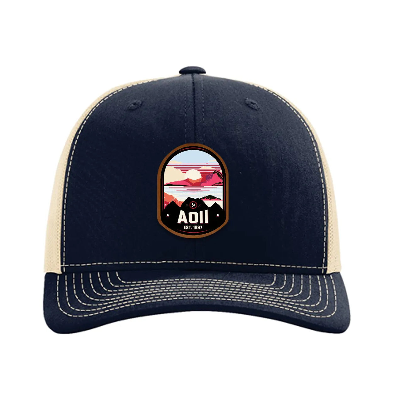 Alpha Omicron Pi Richardson 112 UV Print Leatherette Patch Trucker Hat - Ventura Navy Khaki Trucker Hat