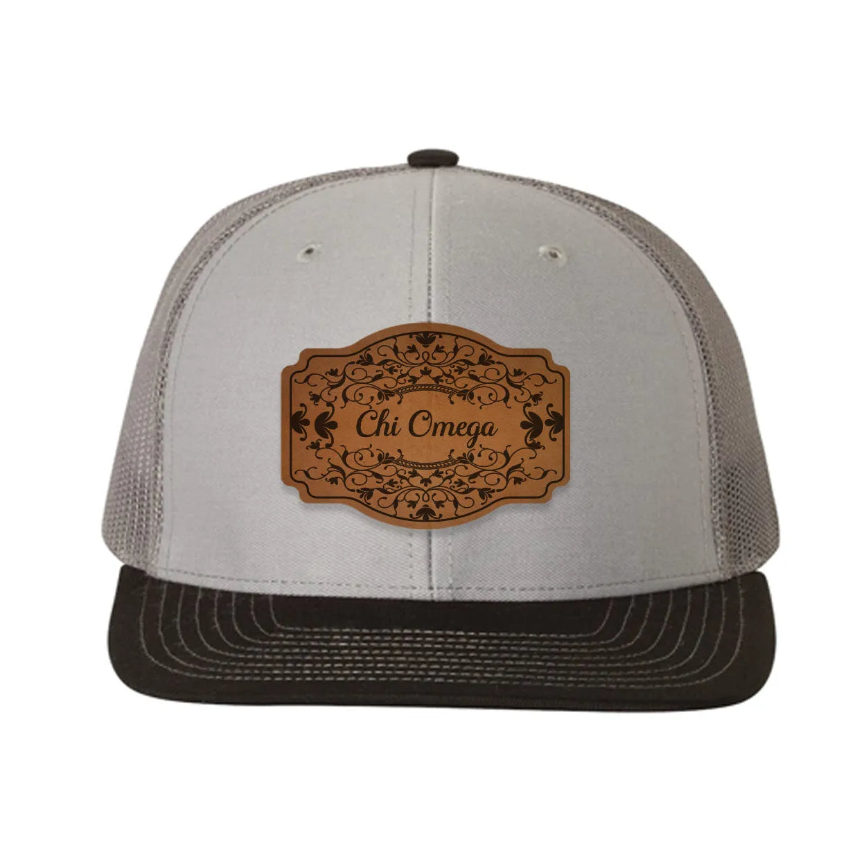 Chi Omega Richardson 112 Leatherette Patch Trucker Hat - Scroll Gray Charcoal Black Trucker Hat
