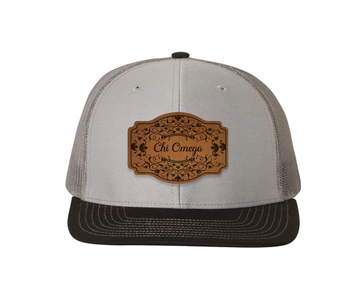Chi Omega Richardson 112 Leatherette Patch Trucker Hat - Scroll Gray Charcoal Black Trucker Hat