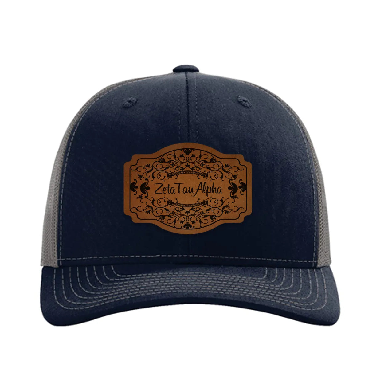 Zeta Tau Alpha Richardson 112 Leatherette Patch Trucker Hat - Scroll Navy Charcoal Trucker Hat