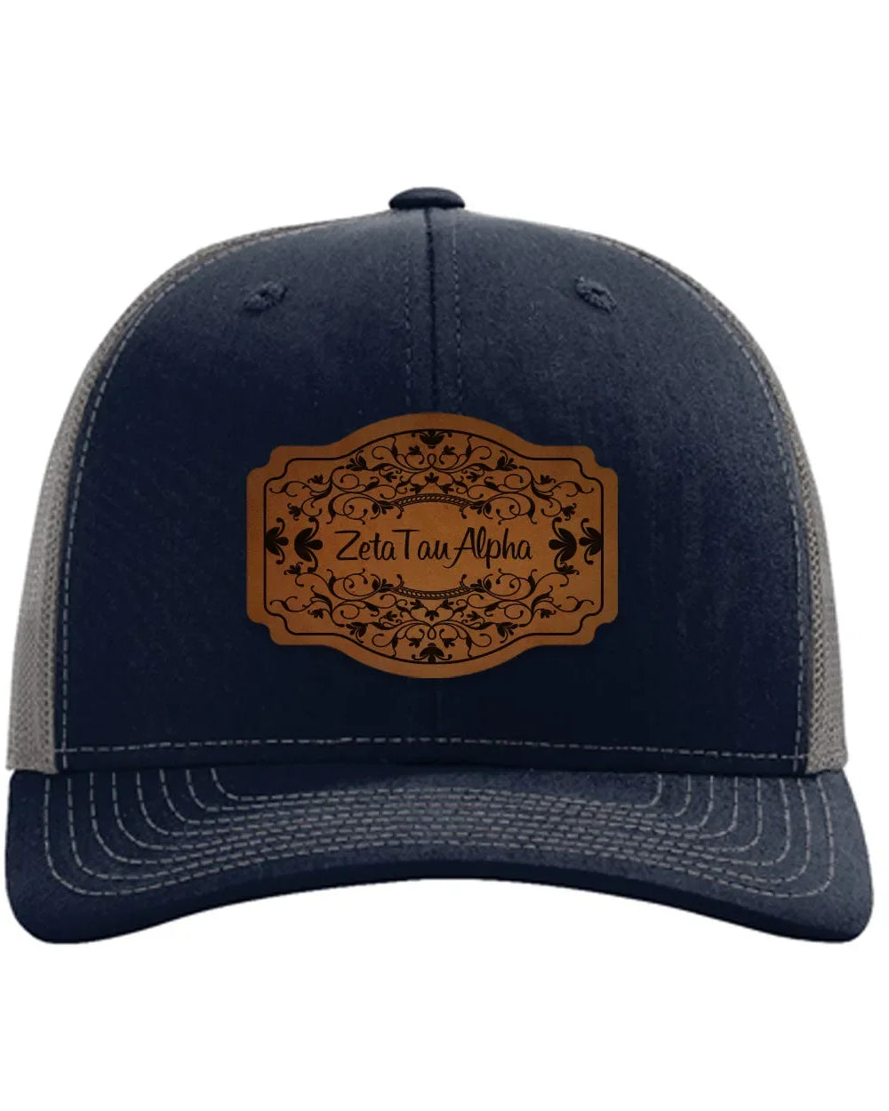 Zeta Tau Alpha Richardson 112 Leatherette Patch Trucker Hat - Scroll Navy Charcoal Trucker Hat