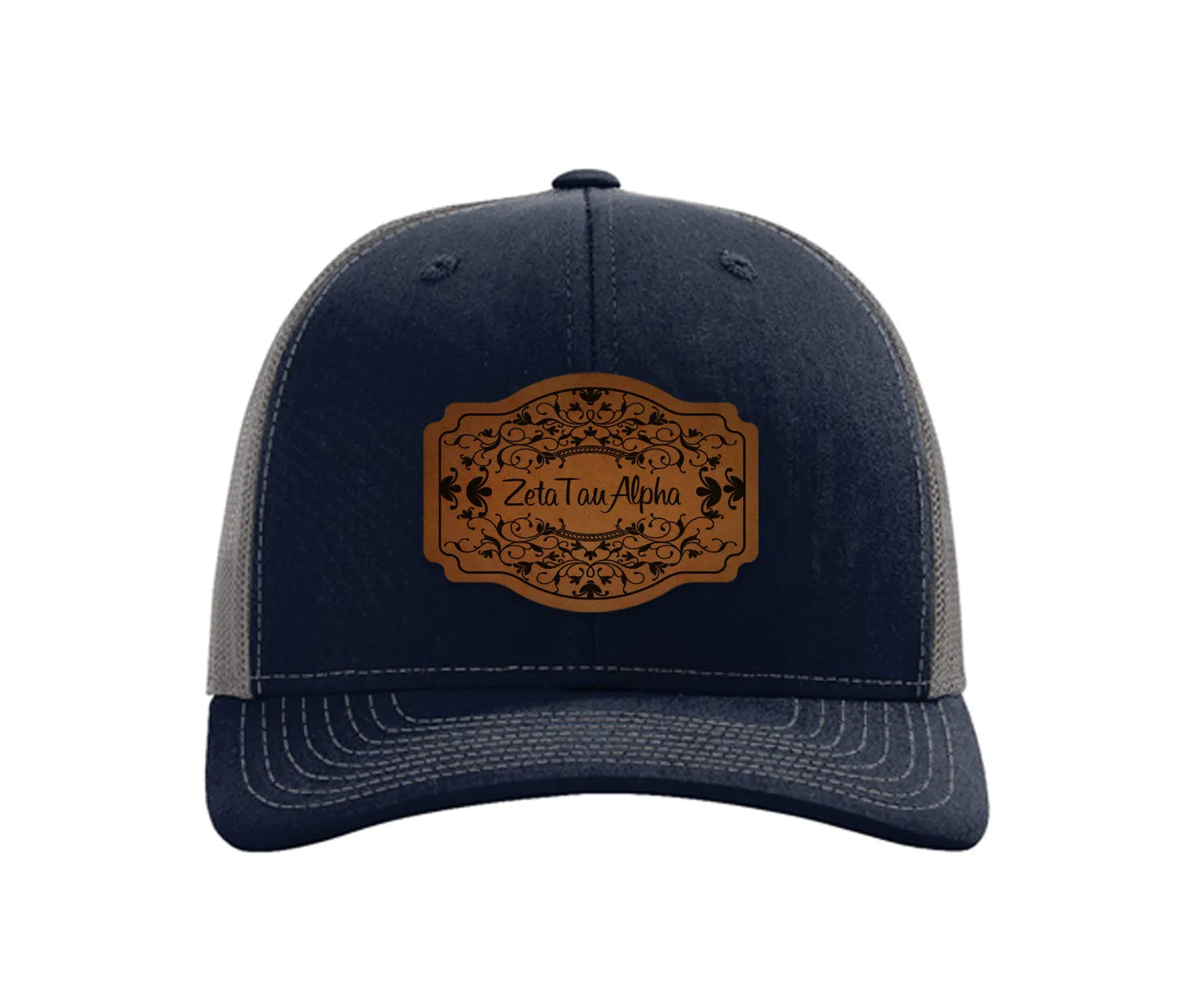 Zeta Tau Alpha Richardson 112 Leatherette Patch Trucker Hat - Scroll Navy Charcoal Trucker Hat