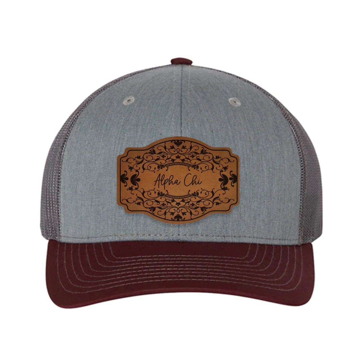 Alpha Chi Omega Richardson 112 Leatherette Patch Trucker Hat - Scroll Heather Gray Charcoal Maroon Trucker Hat