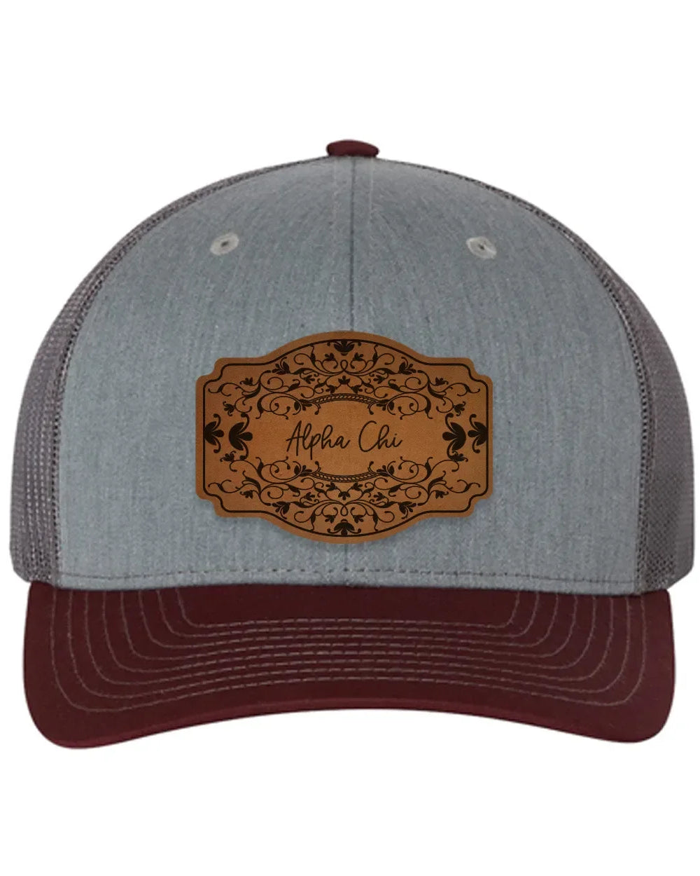Alpha Chi Omega Richardson 112 Leatherette Patch Trucker Hat - Scroll Heather Gray Charcoal Maroon Trucker Hat