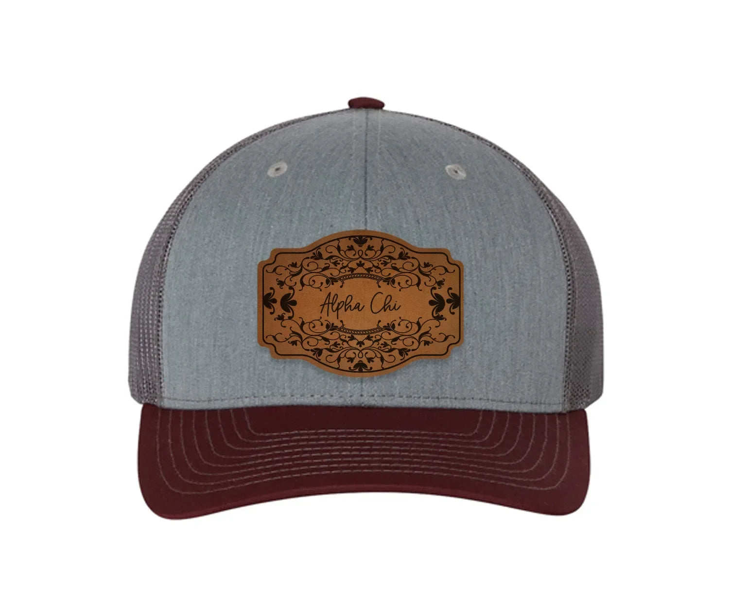 Alpha Chi Omega Richardson 112 Leatherette Patch Trucker Hat - Scroll Heather Gray Charcoal Maroon Trucker Hat