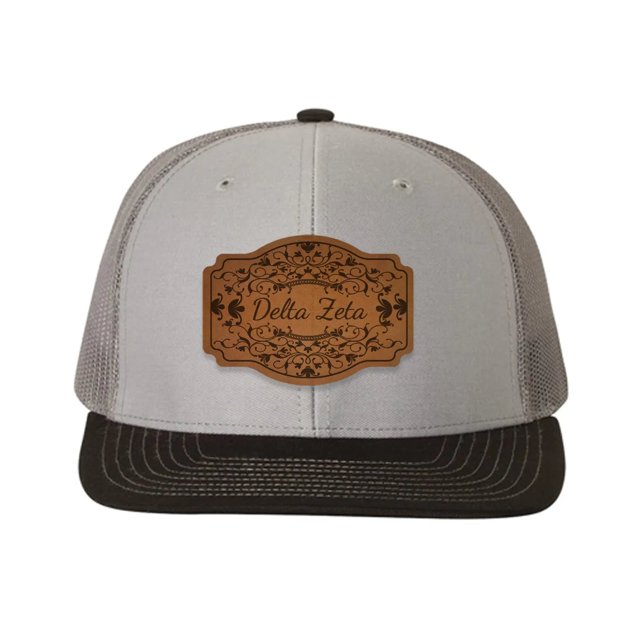 Delta Zeta Richardson 112 Leatherette Patch Trucker Hat - Scroll Gray Charcoal Black Trucker Hat