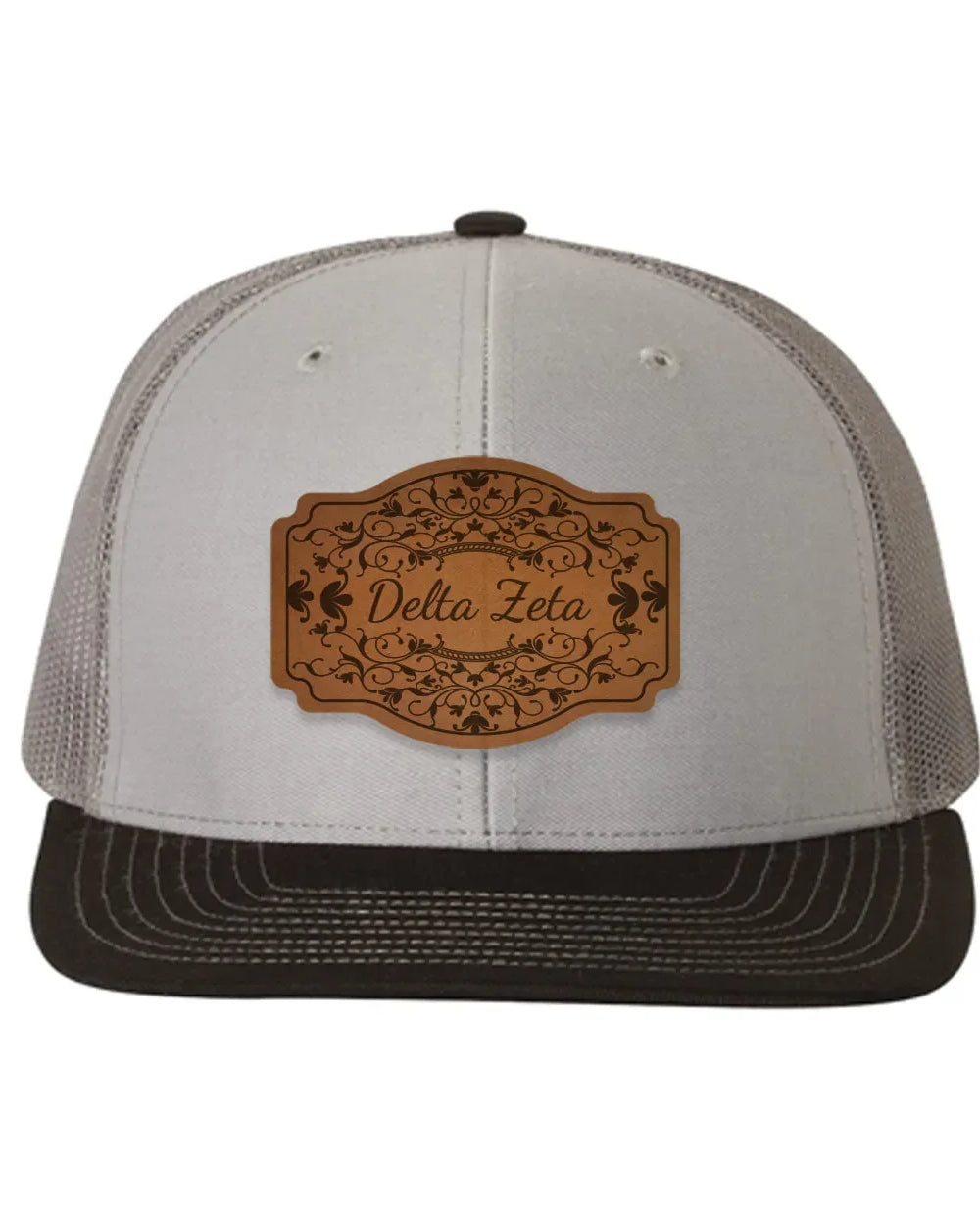 Delta Zeta Richardson 112 Leatherette Patch Trucker Hat - Scroll Gray Charcoal Black Trucker Hat