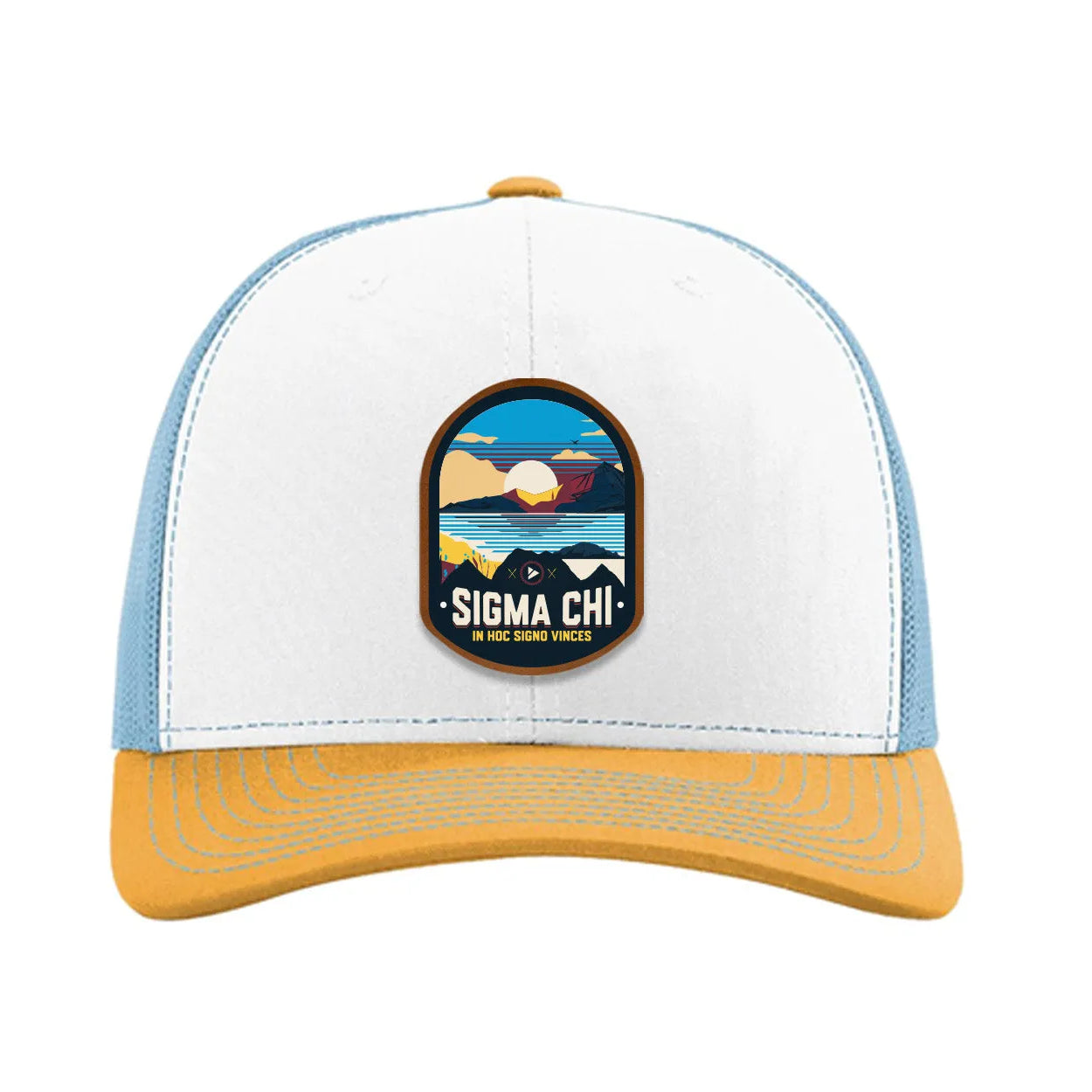 Sigma Chi Richardson 112 UV Print Leatherette Patch Trucker Hat - Ventura White Blue Yellow Trucker Hat