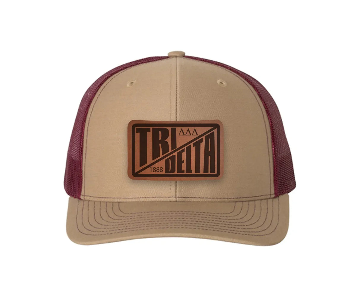 Tri Delta Richardson 112 Leatherette Patch Trucker Hat - Divide Khaki Burgundy Trucker Hat