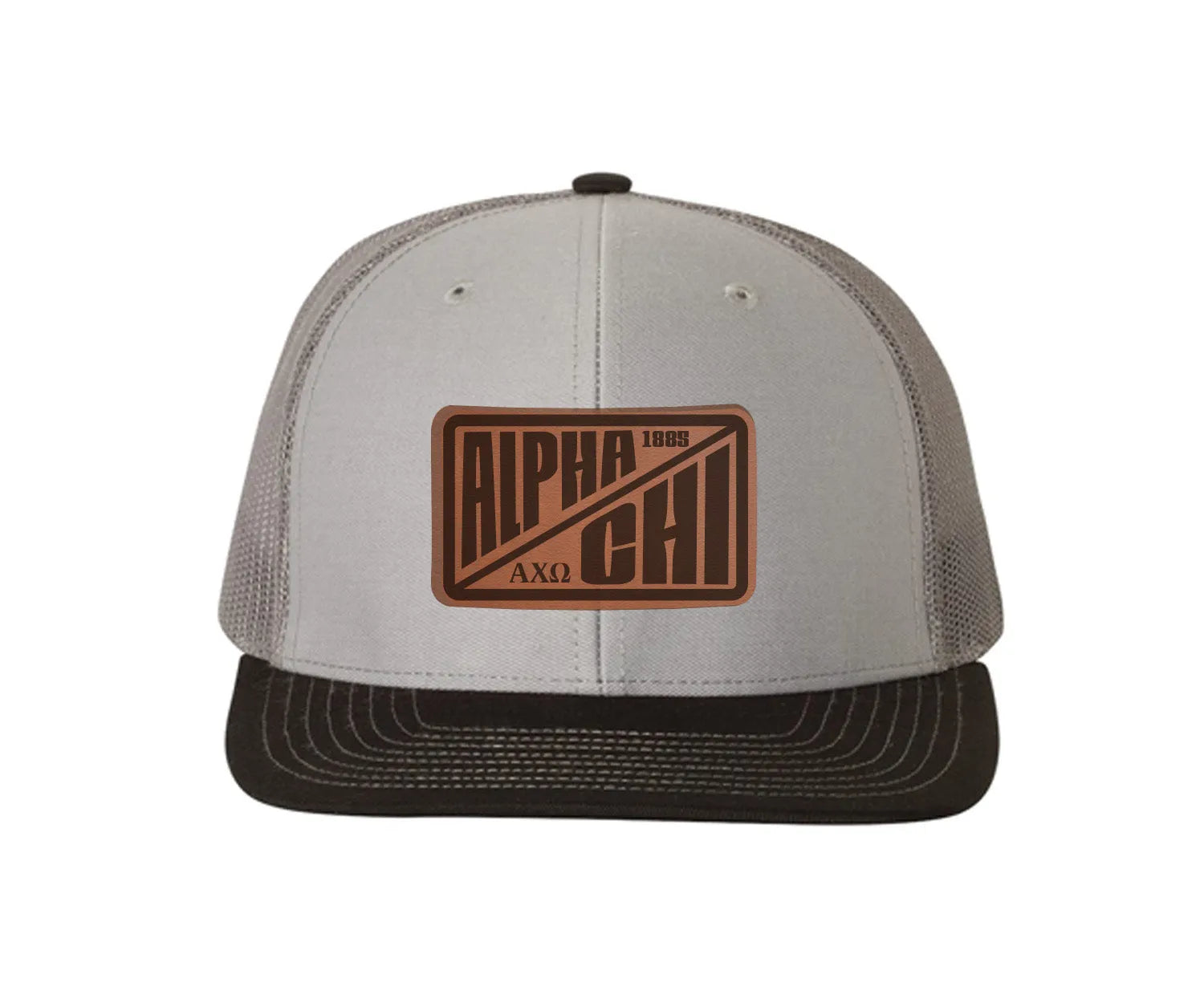 Alpha Chi Omega Richardson 112 Leatherette Patch Trucker Hat - Divide Gray Charcoal Black Trucker Hat