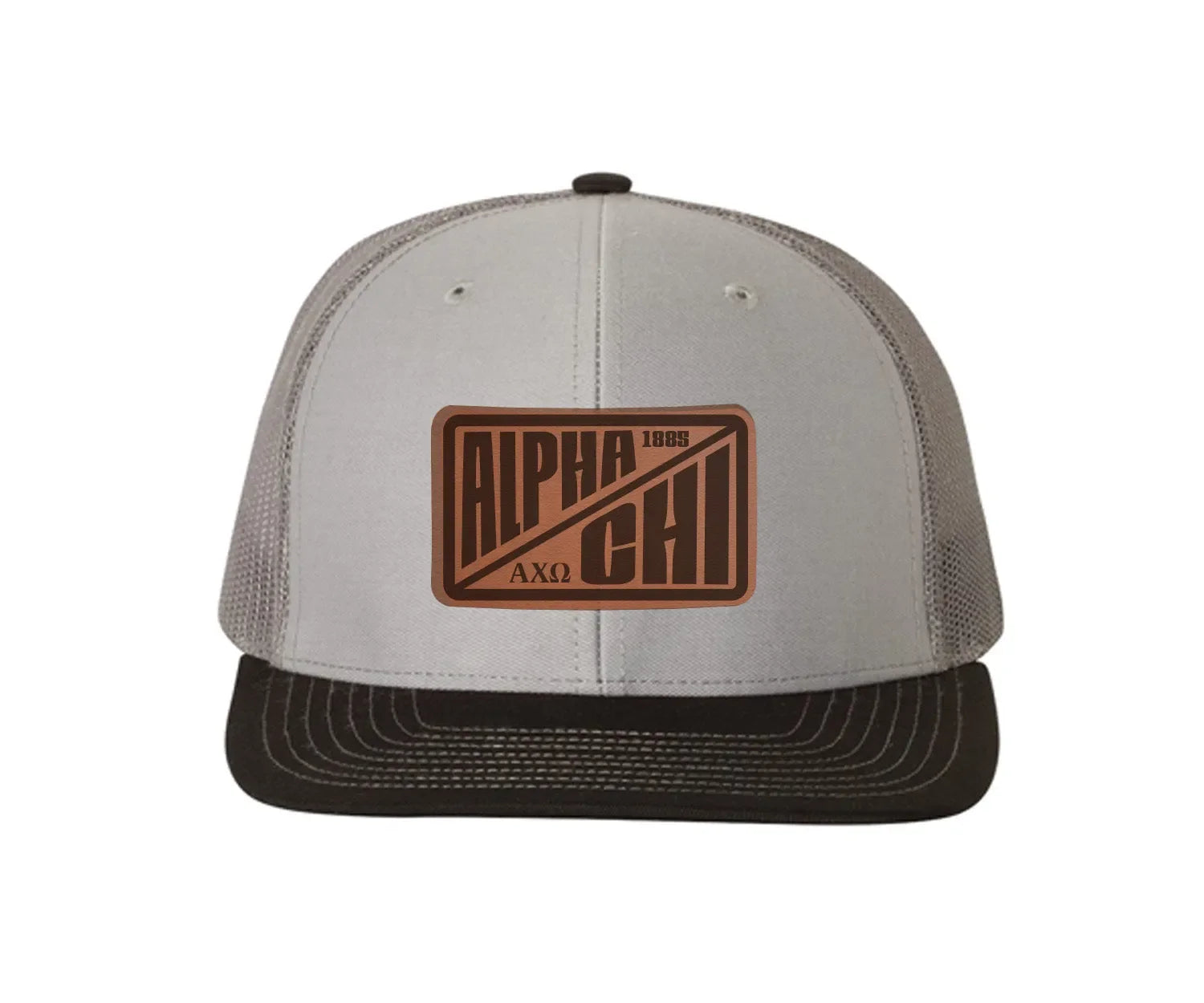 Alpha Chi Omega Richardson 112 Leatherette Patch Trucker Hat - Divide Gray Charcoal Black Trucker Hat
