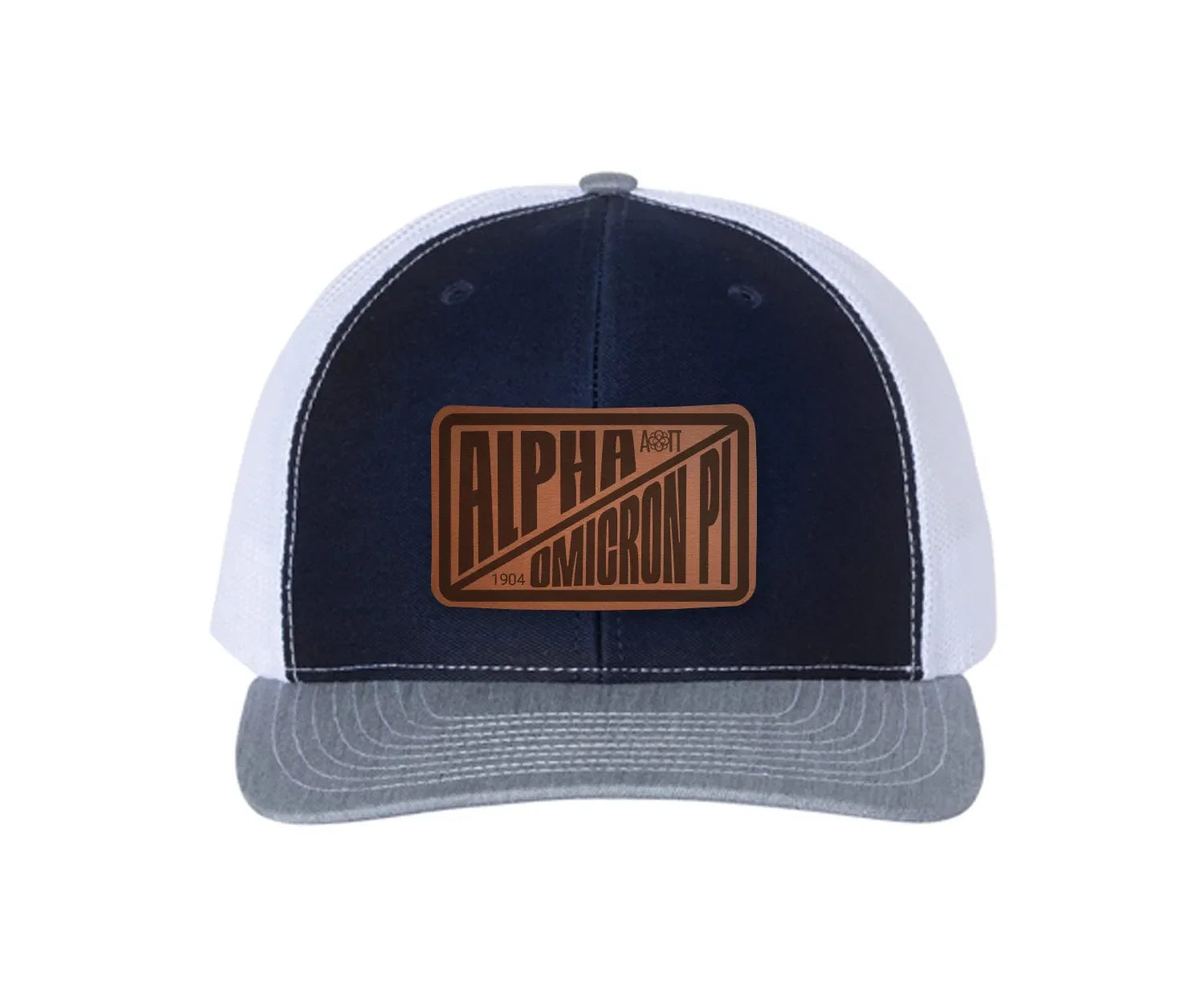Alpha Omicron Pi Richardson 112 Leatherette Patch Trucker Hat - Divide Navy White Heather Gray Trucker Hat