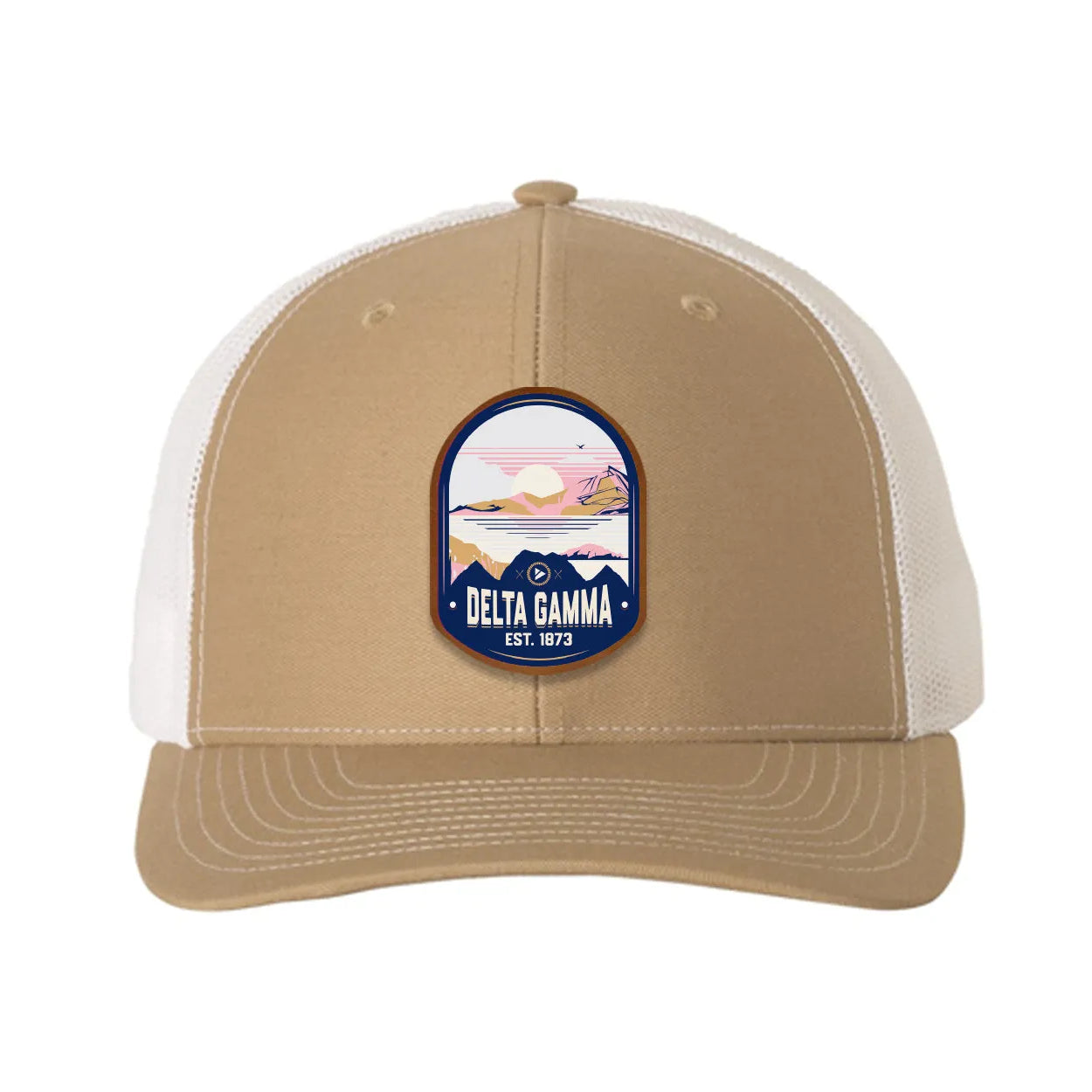 Delta Gamma Richardson 112 UV Print Leatherette Patch Trucker Hat - Ventura Khaki White Trucker Hat
