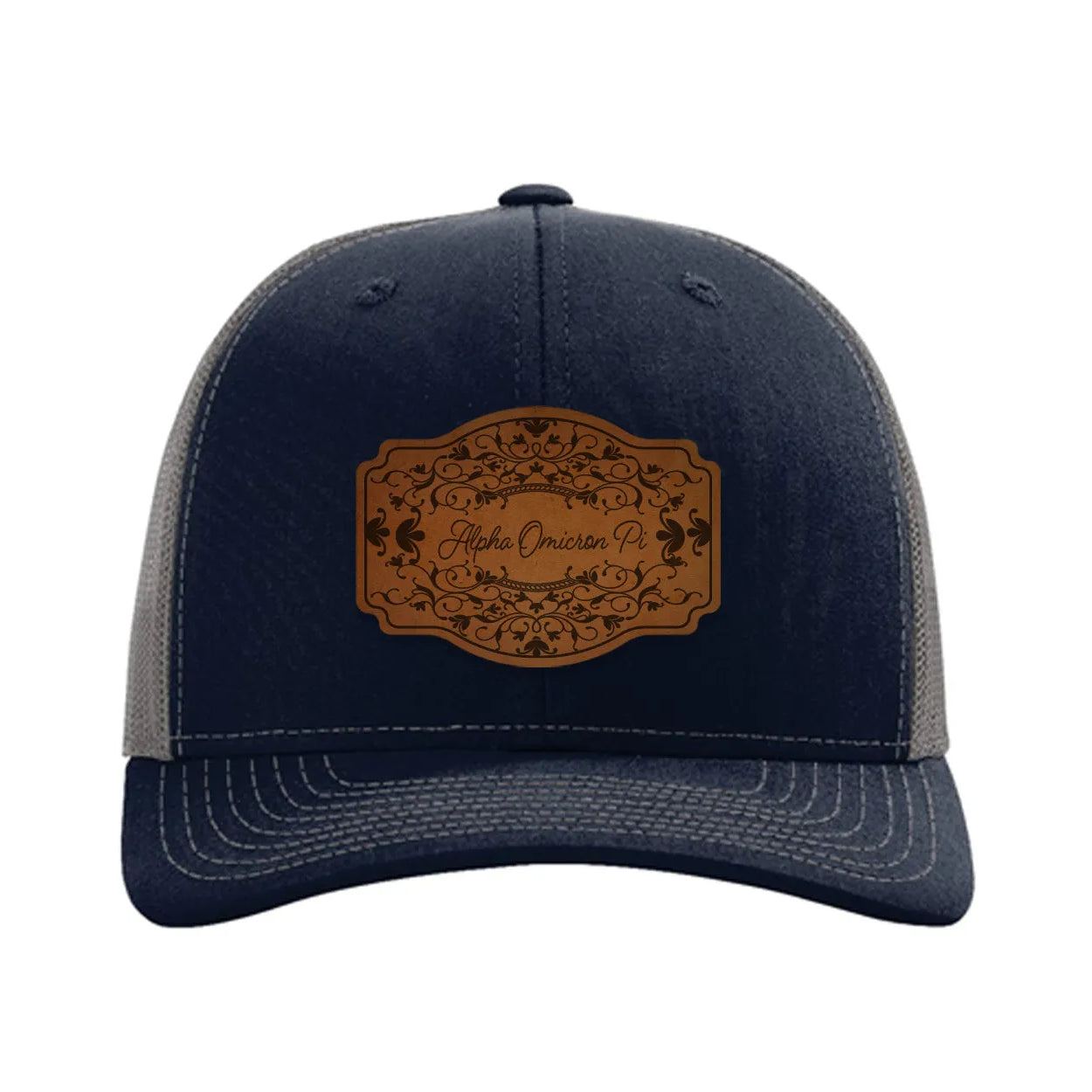Alpha Omicron Pi Richardson 112 Leatherette Patch Trucker Hat - Scroll Navy Charcoal Trucker Hat