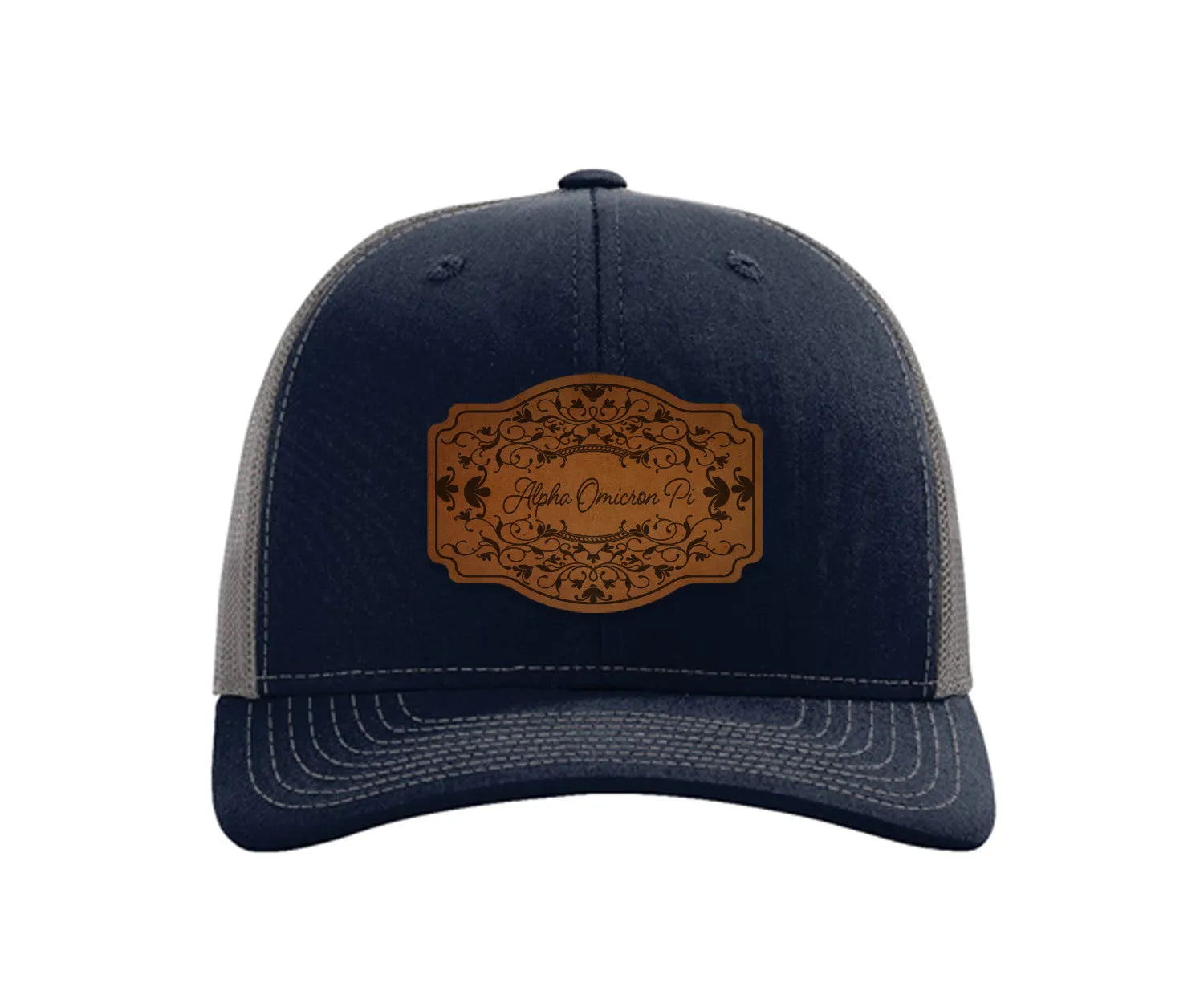 Alpha Omicron Pi Richardson 112 Leatherette Patch Trucker Hat - Scroll Navy Charcoal Trucker Hat