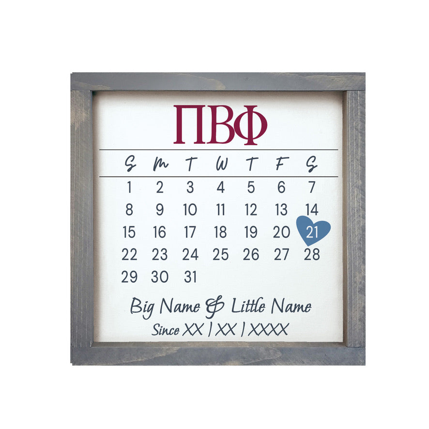 Pi Beta Phi Personalized Big Little Calendar Framed Sign - 12x12