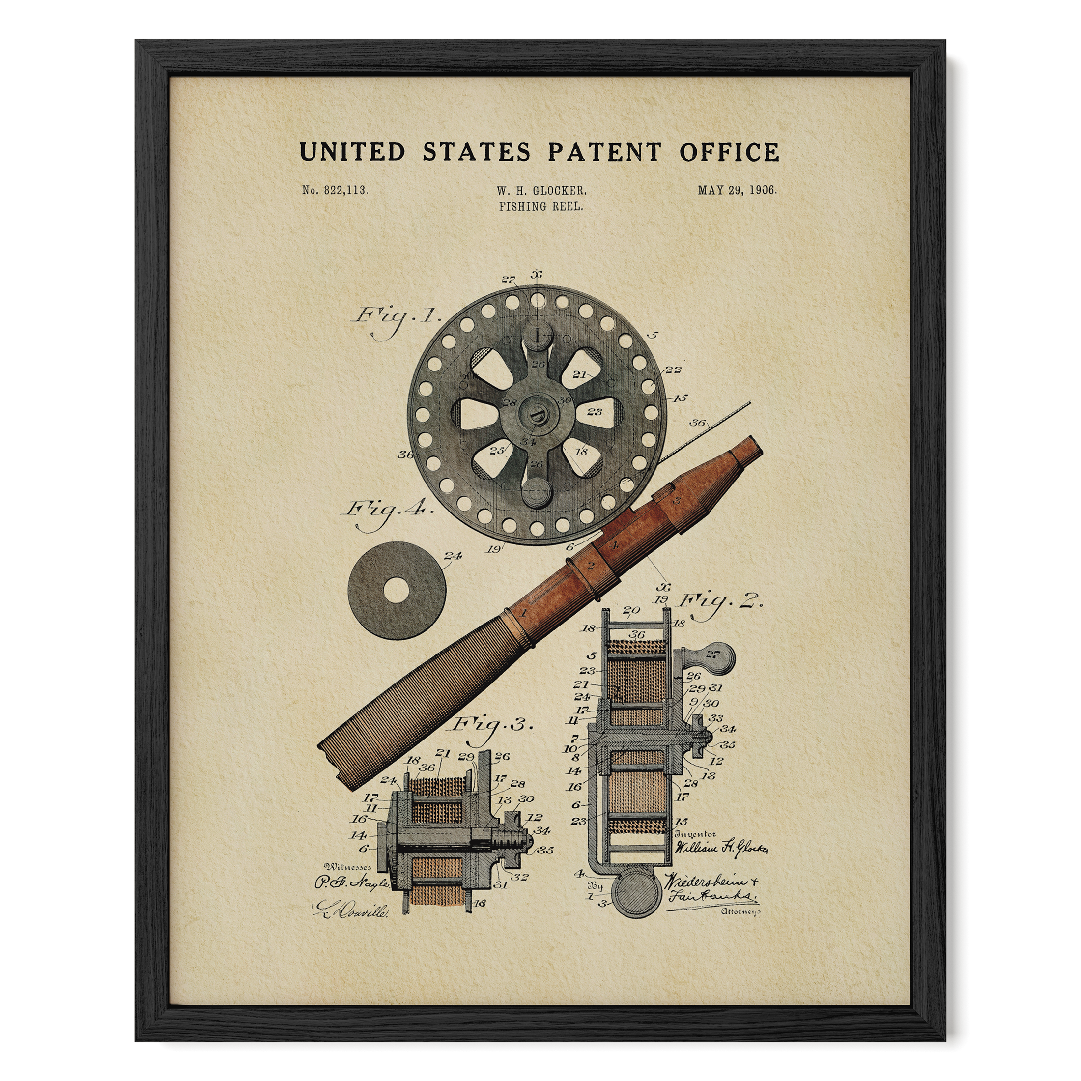 Fishing Reel US Patent Art Print | Nature Inspired Dorm Decor | Campus Greek Fit