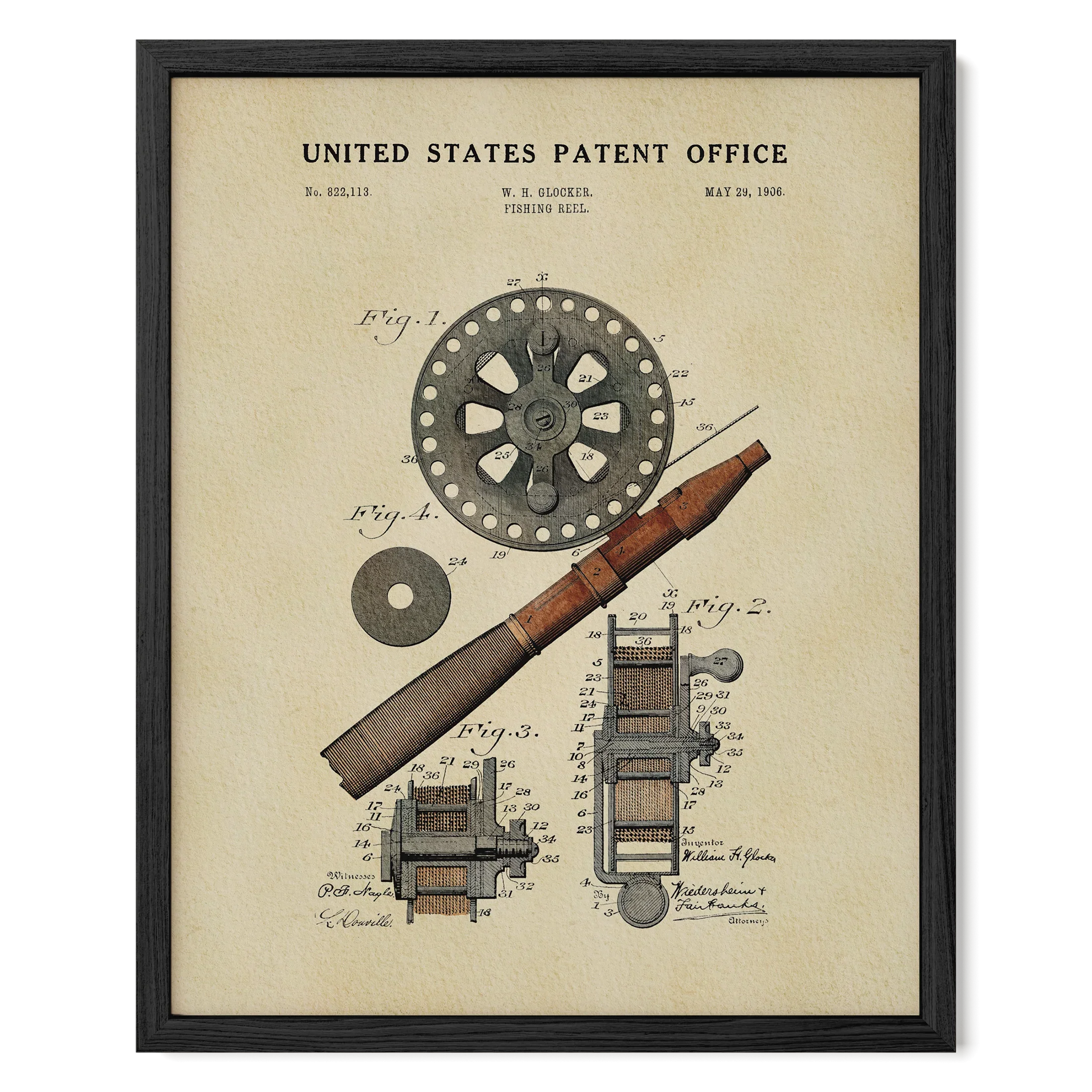 Fishing Reel US Patent Art Print | Nature Inspired Dorm Decor | Campus Greek Fit