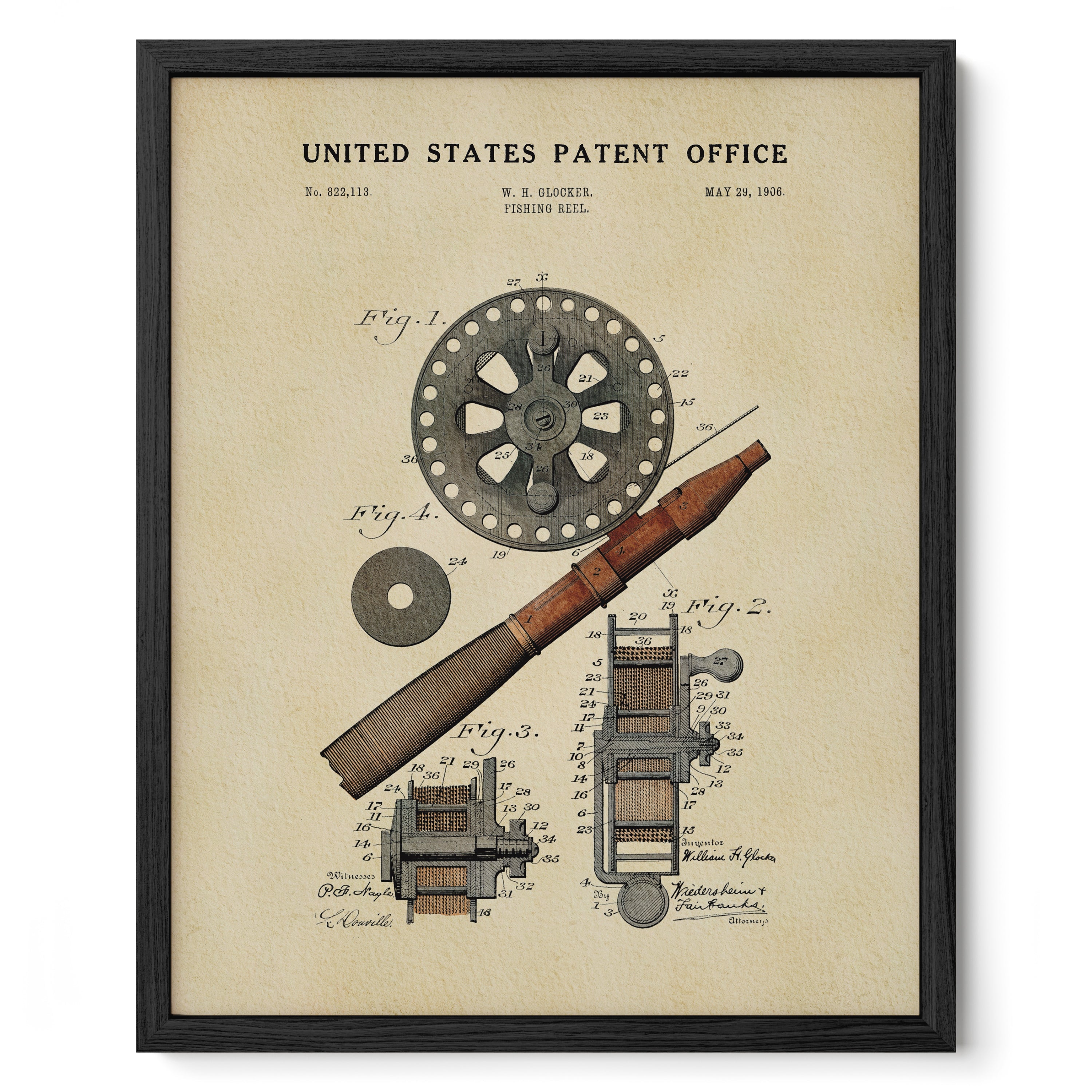 Fishing Reel US Patent Art Print | Nature Inspired Dorm Decor | Campus Greek Fit