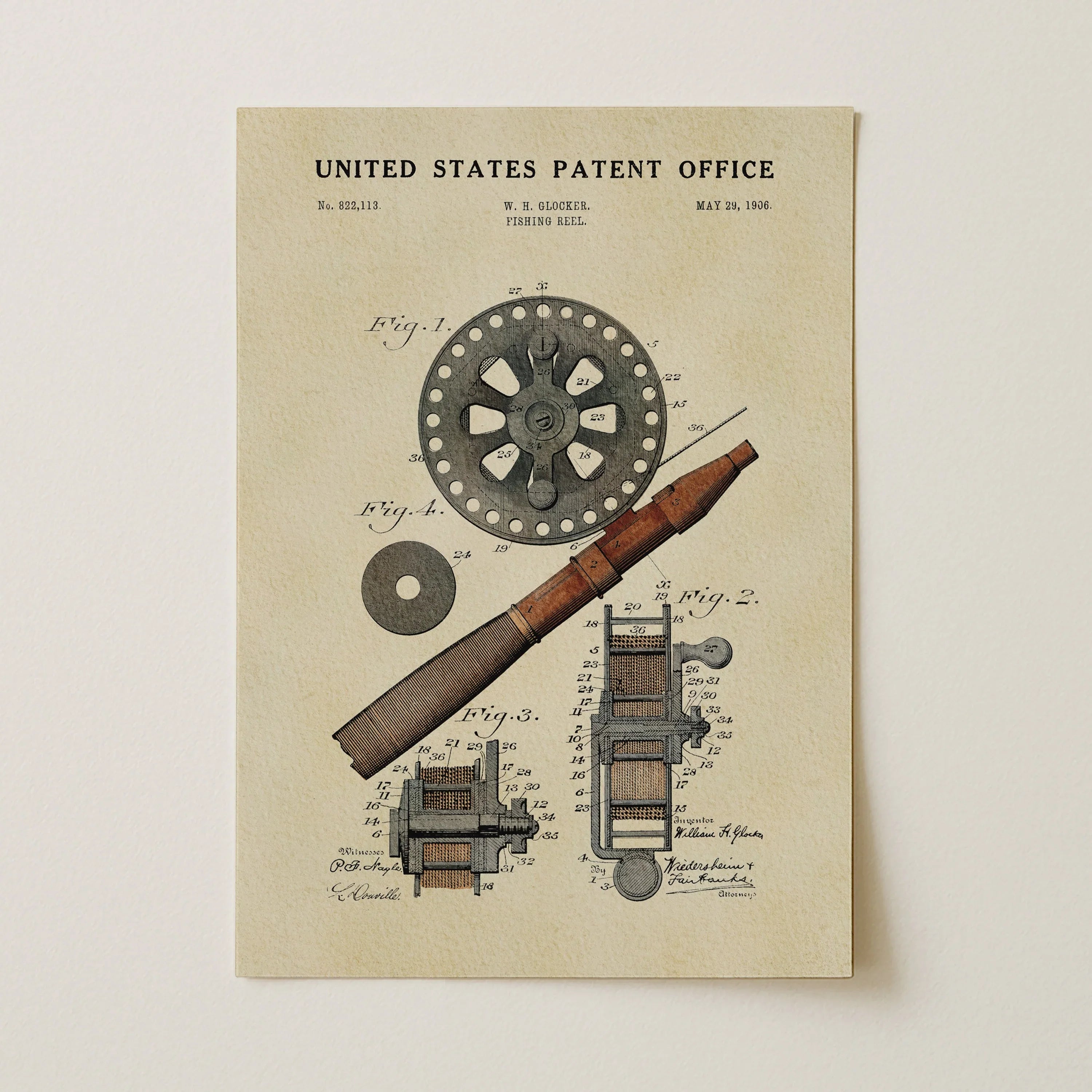 Fishing Reel US Patent Art Print | Nature Inspired Dorm Decor | Campus Greek Fit