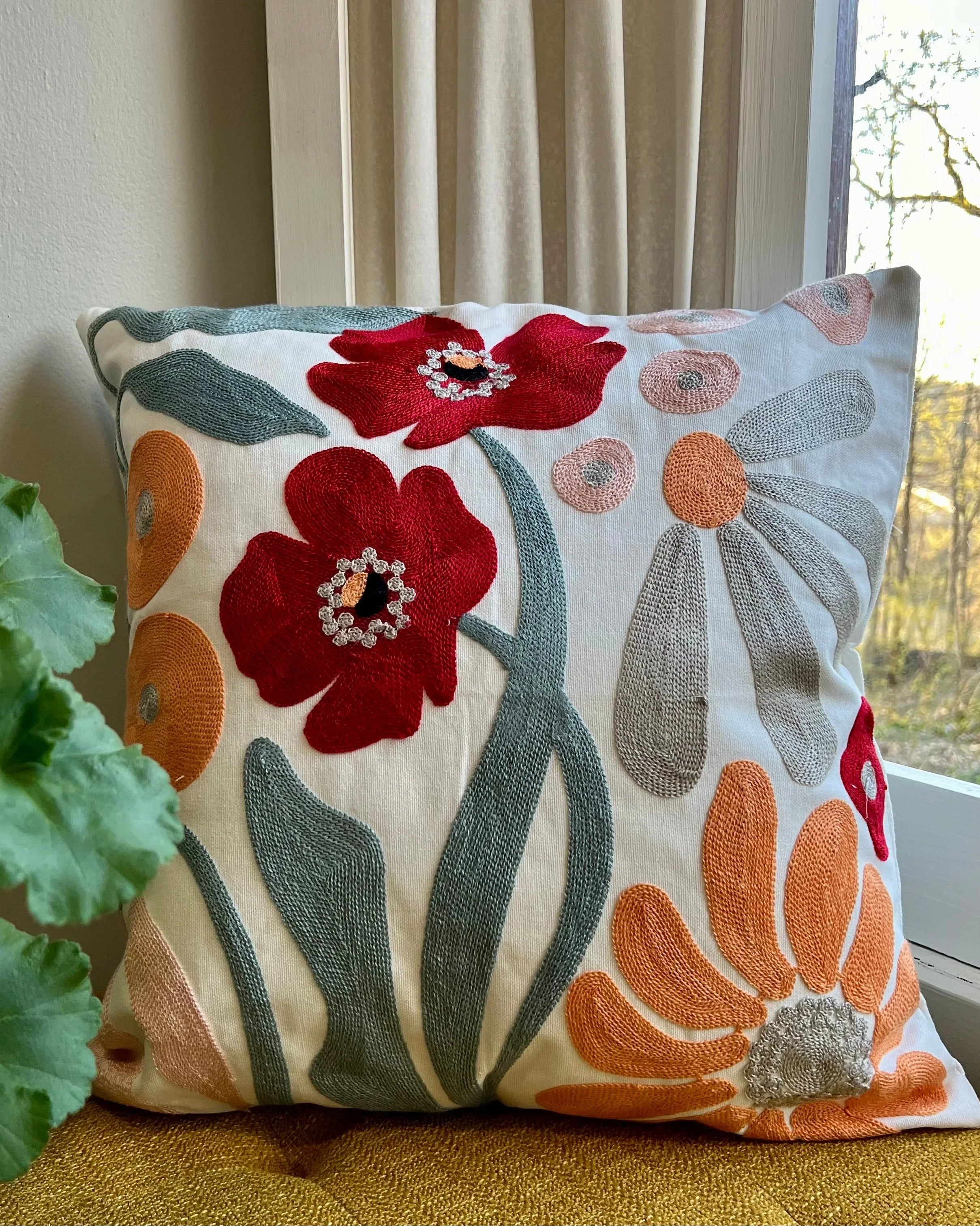 Floral Watercolor Embroidered Throw Pillow Cover | Dorm Decor