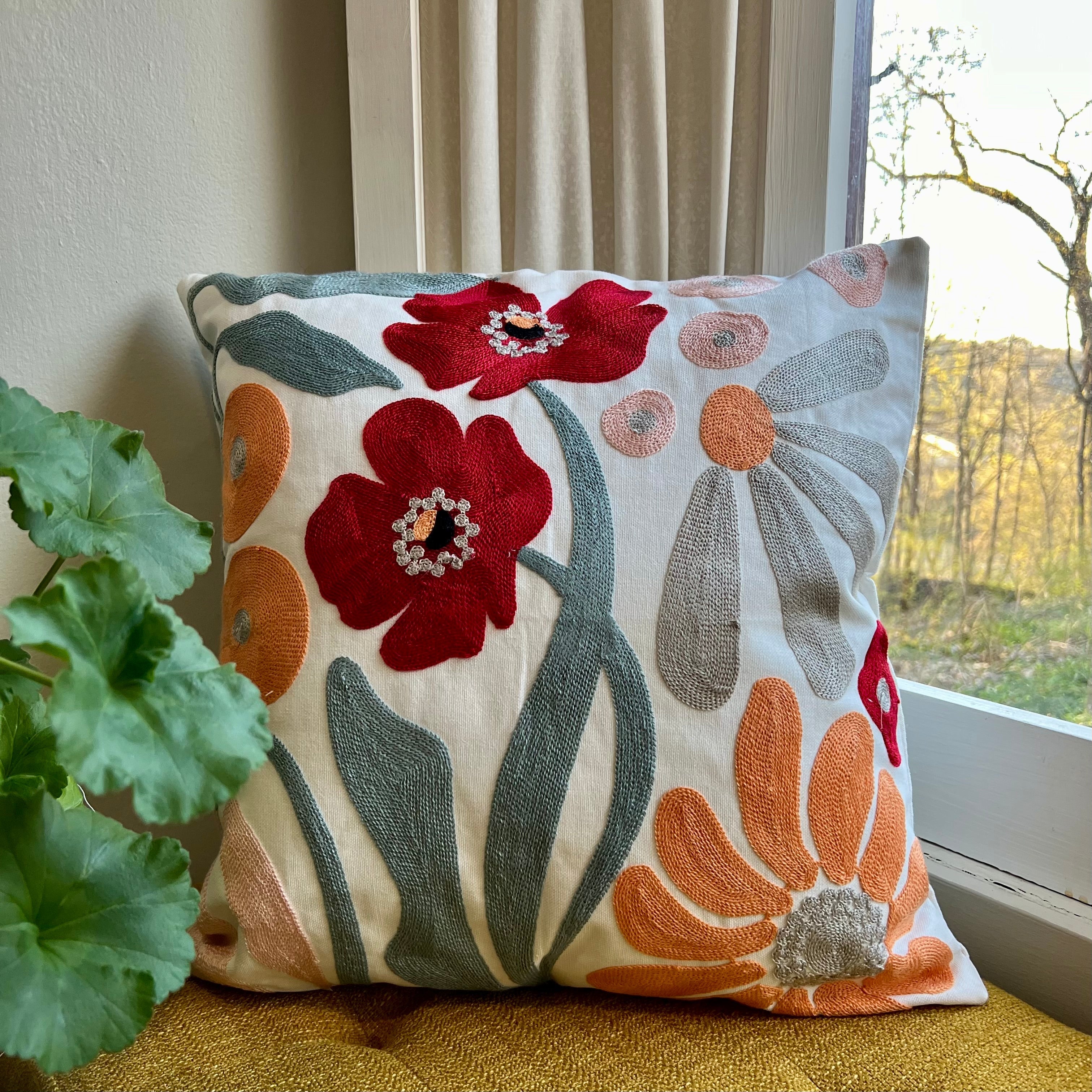 Floral Watercolor Embroidered Throw Pillow Cover | Dorm Decor
