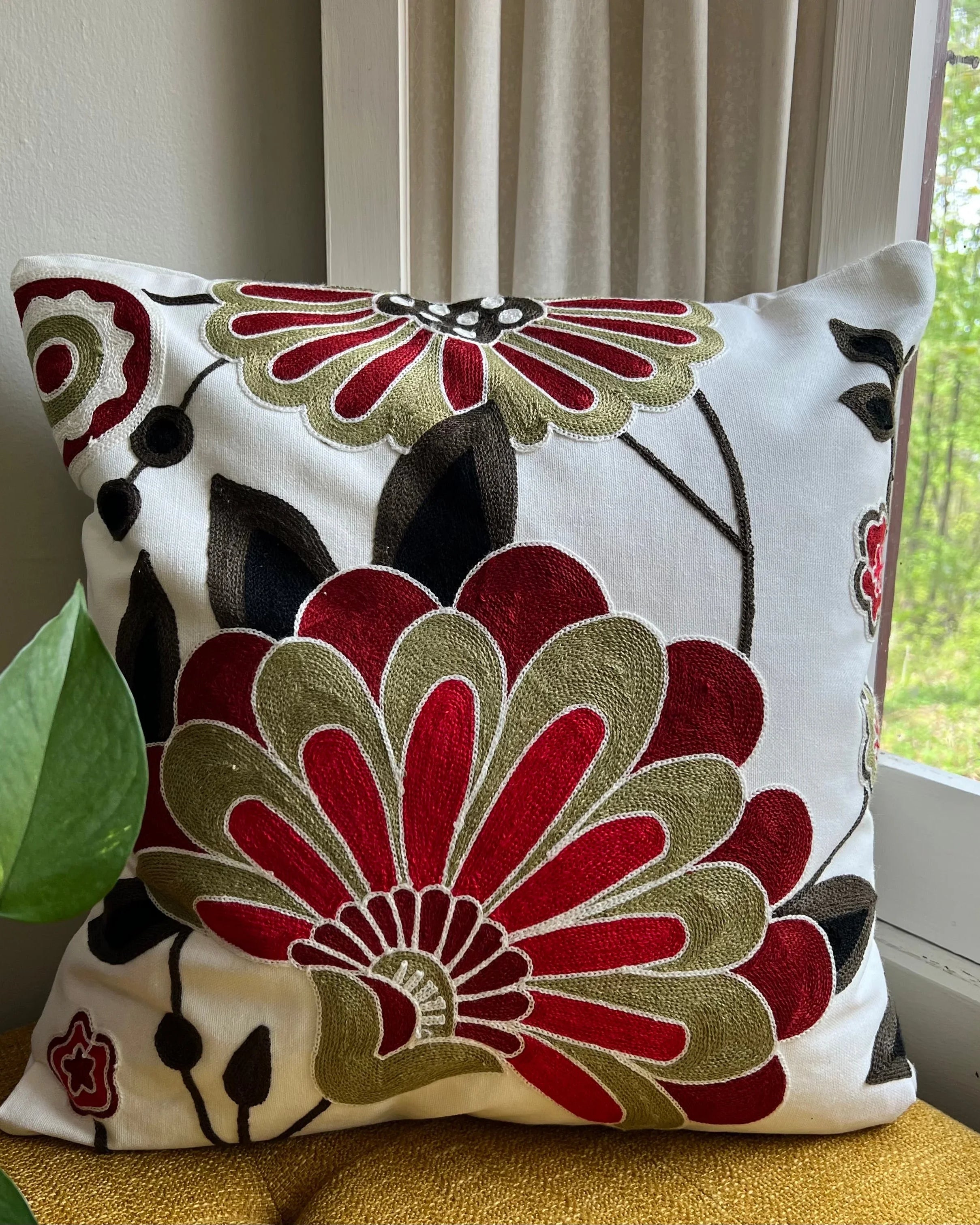 Folk Blooms Embroidered Throw Pillow Cover | Dorm Decor