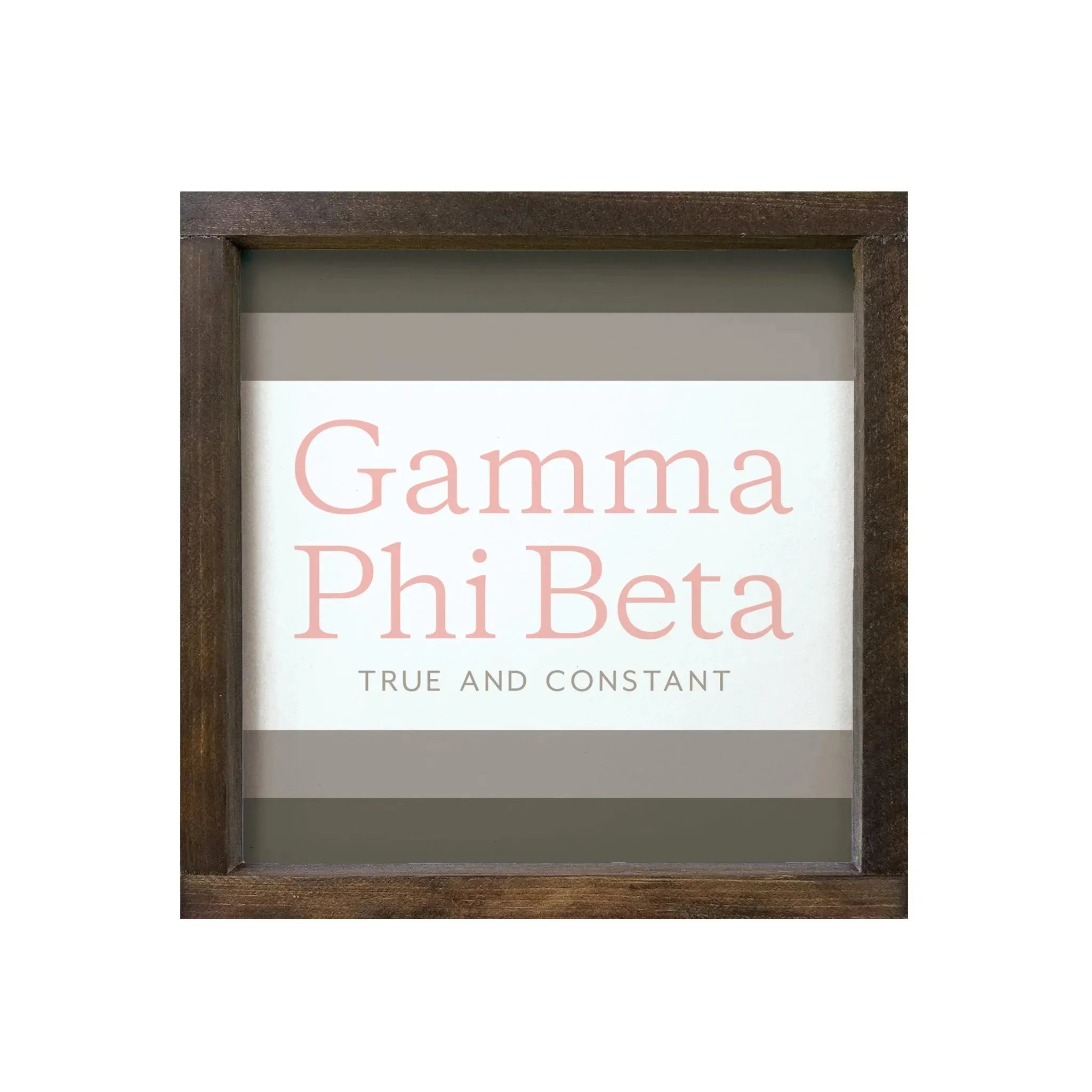 Gamma Phi Beta 12x12 Wood Framed Sign - Traditional Stripes Walnut Stain Wall Art & Signs