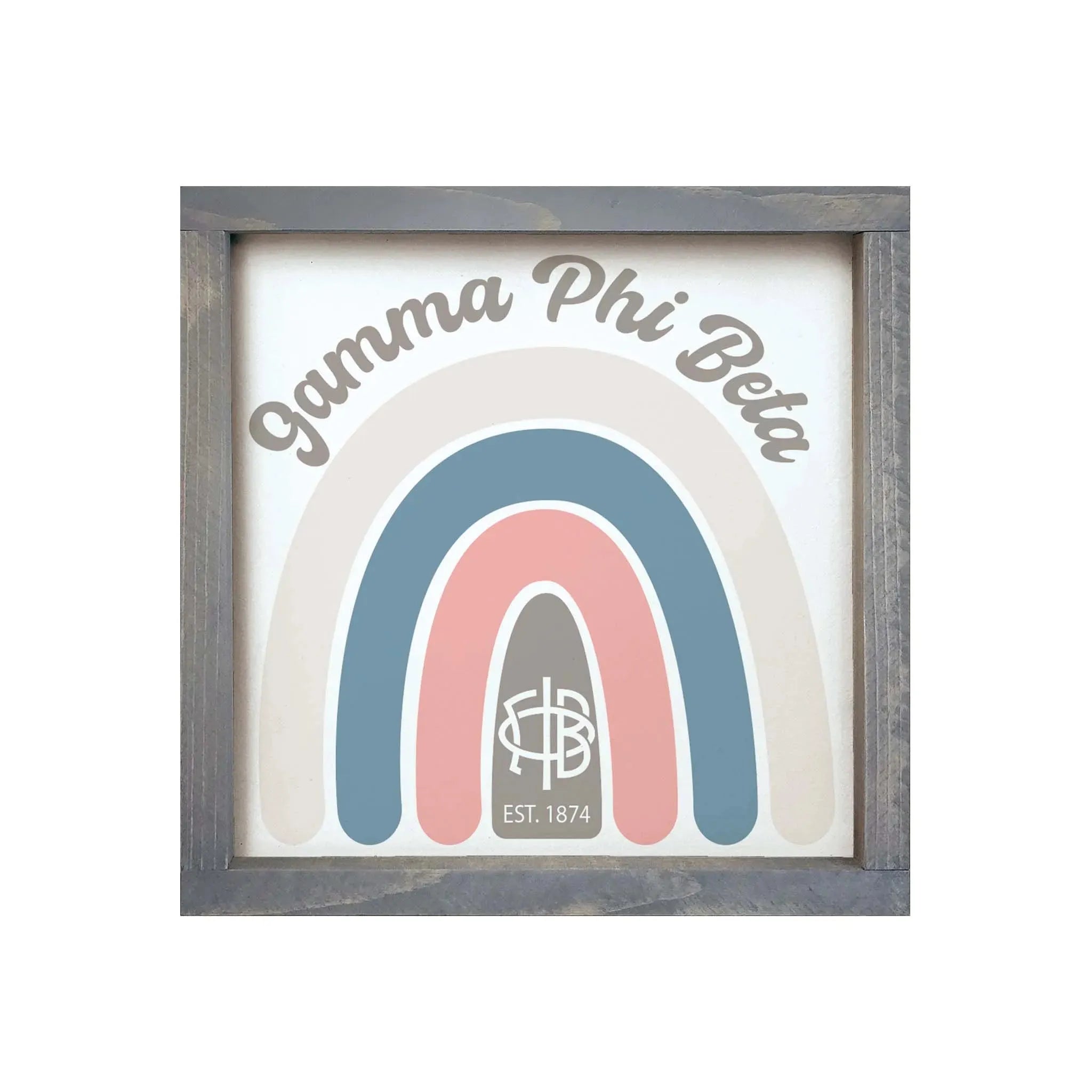 Gamma Phi Beta 12x12 Rainbow Wood Framed Sign - Rainbow Weathered Gray Wall Art & Signs