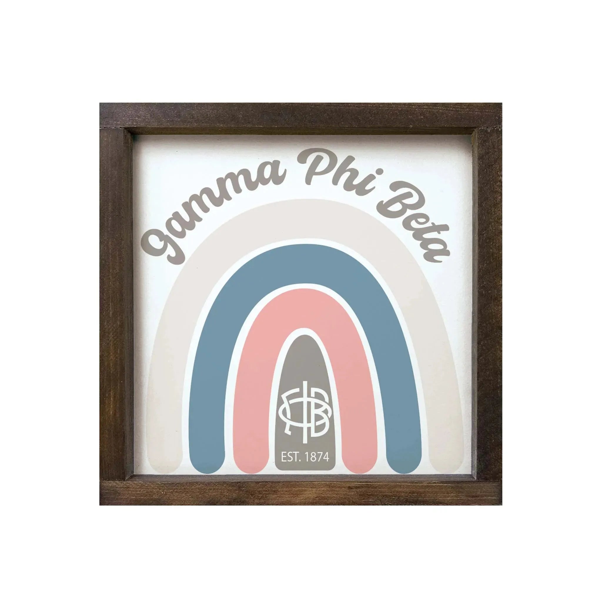 Gamma Phi Beta 12x12 Rainbow Wood Framed Sign - Rainbow Walnut Stain Wall Art & Signs