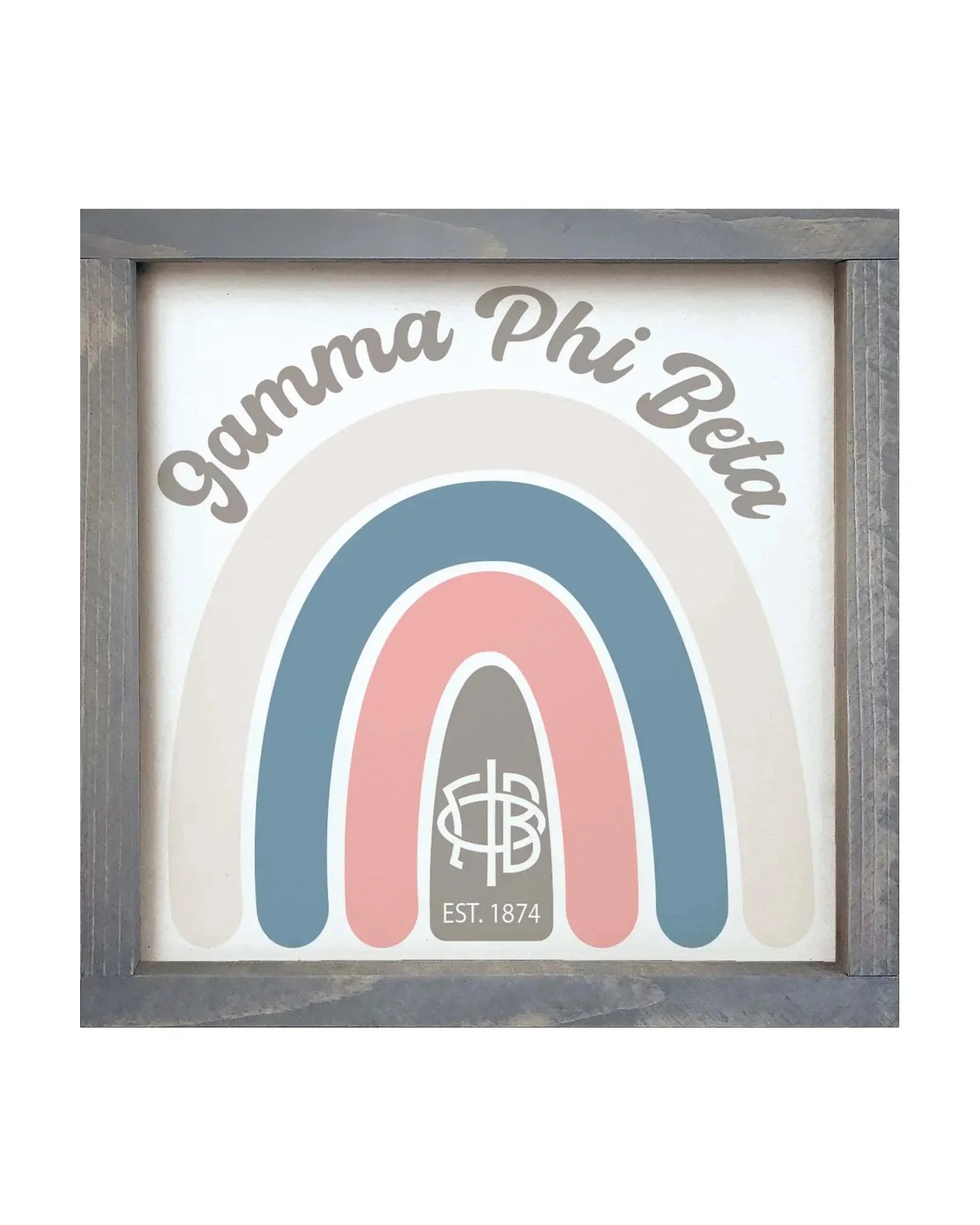Gamma Phi Beta 12x12 Rainbow Wood Framed Sign - Rainbow Weathered Gray Wall Art & Signs