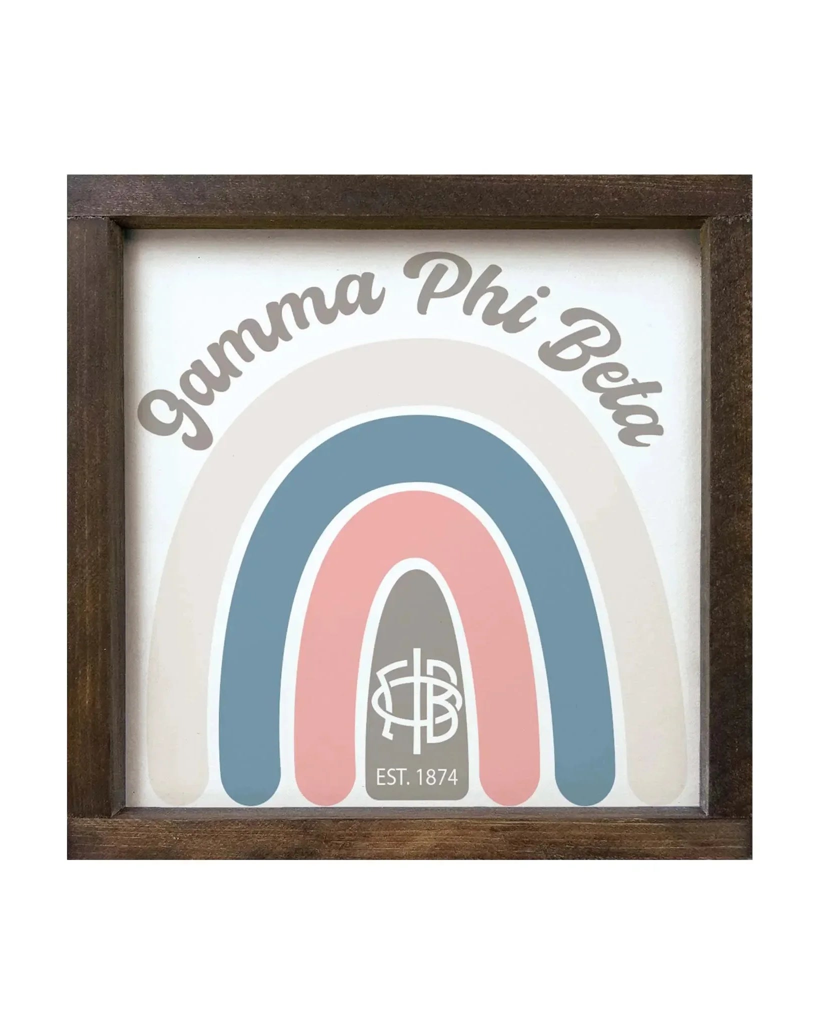 Gamma Phi Beta 12x12 Rainbow Wood Framed Sign - Rainbow Walnut Stain Wall Art & Signs
