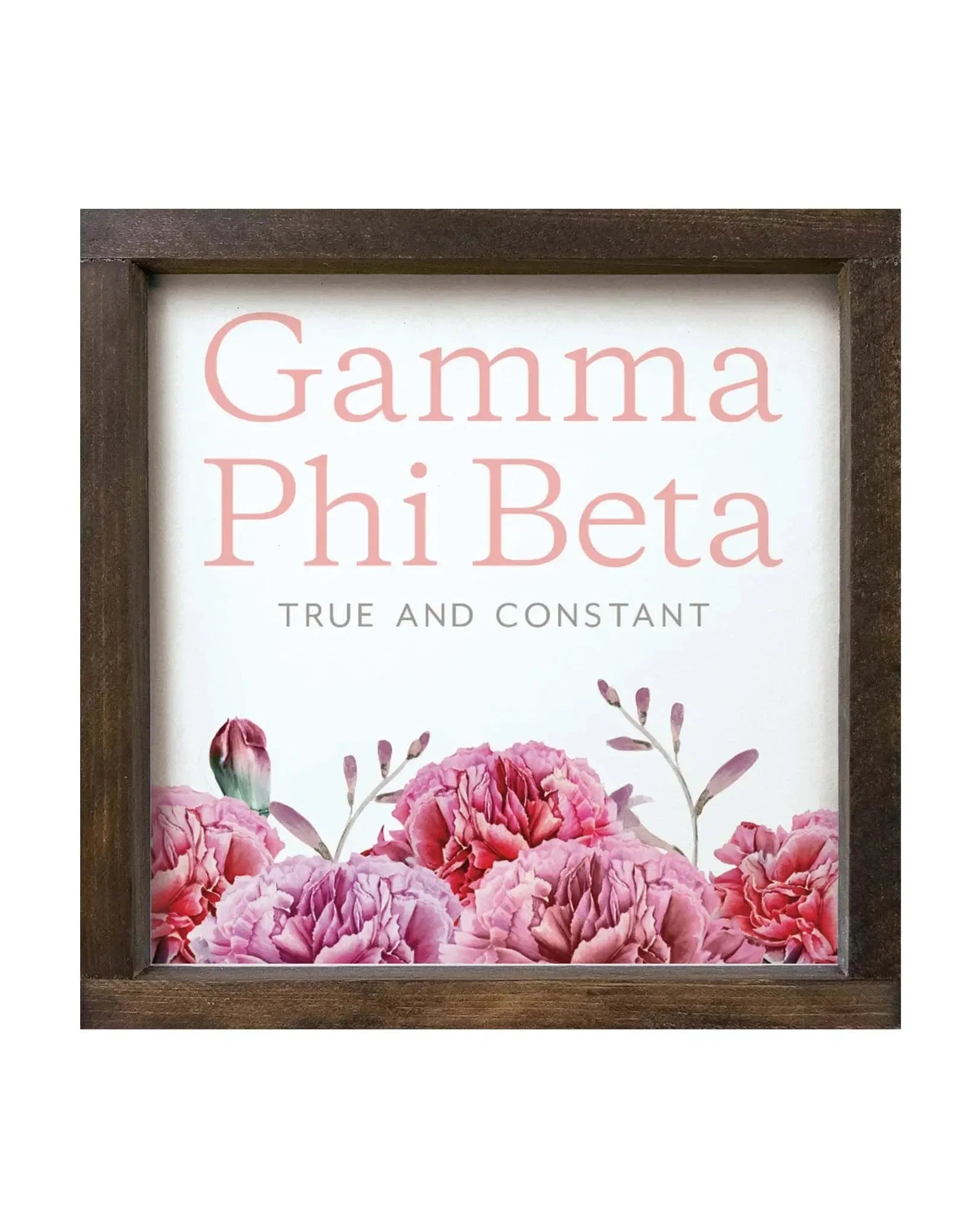 Gamma Phi Beta 12x12 Wood Framed Sign - Carnations Walnut Stain Wall Art & Signs