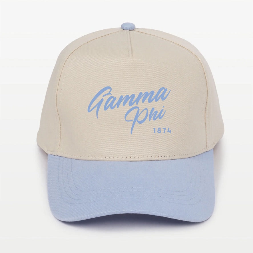 Gamma Phi Embroidered Two-Tone Baseball Cap - Script 1874 | Custom Gifts