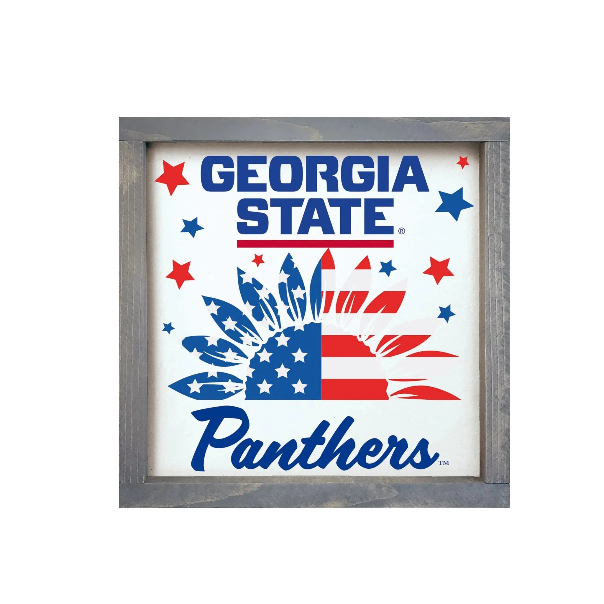 Georgia State University 12x12 Wood Framed Sign - Sunflower American Flag Weathered Gray Wall Art & Signs