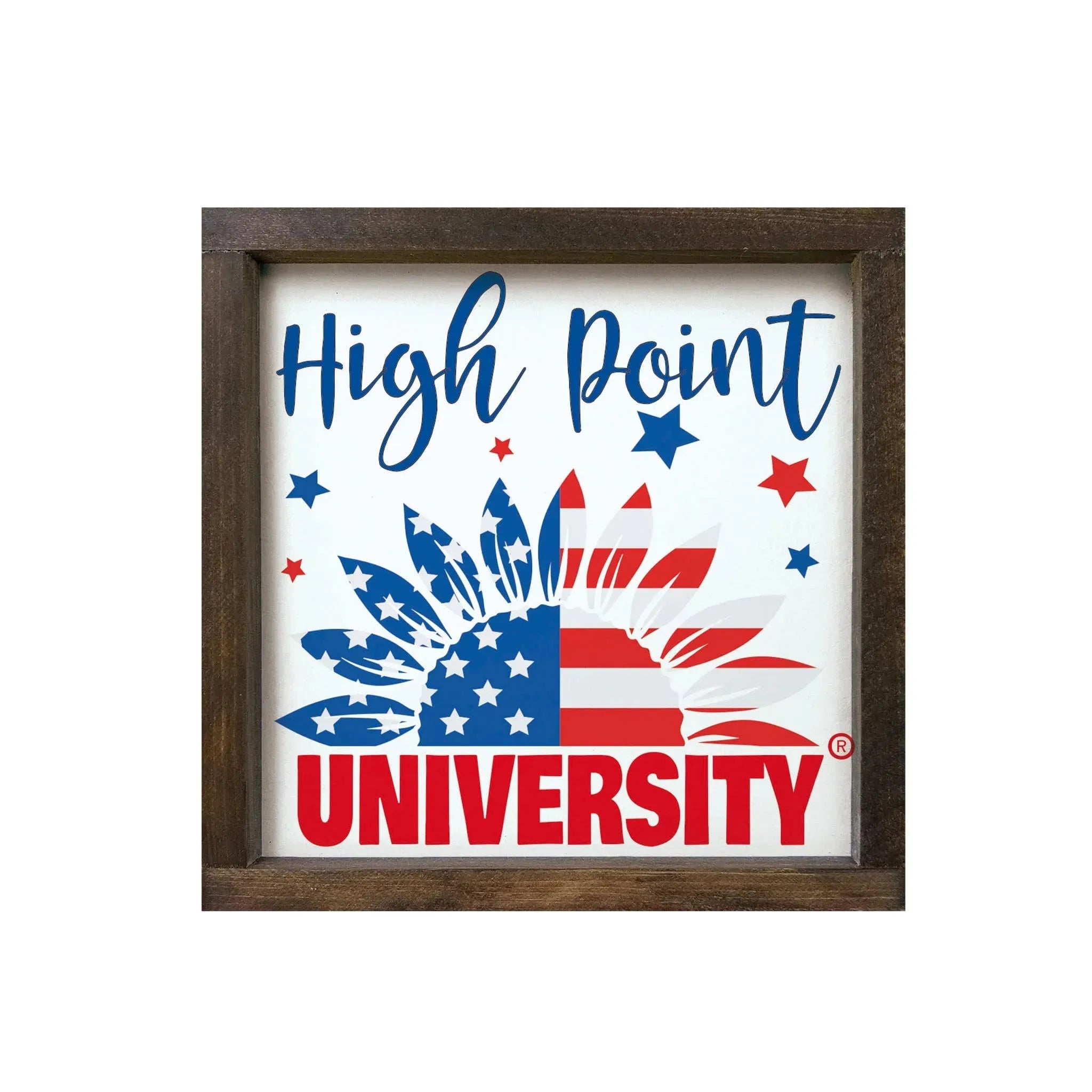 High Point University 12x12 Wood Framed Sign - American Flag Sunflower Walnut Stain Wall Art & Signs